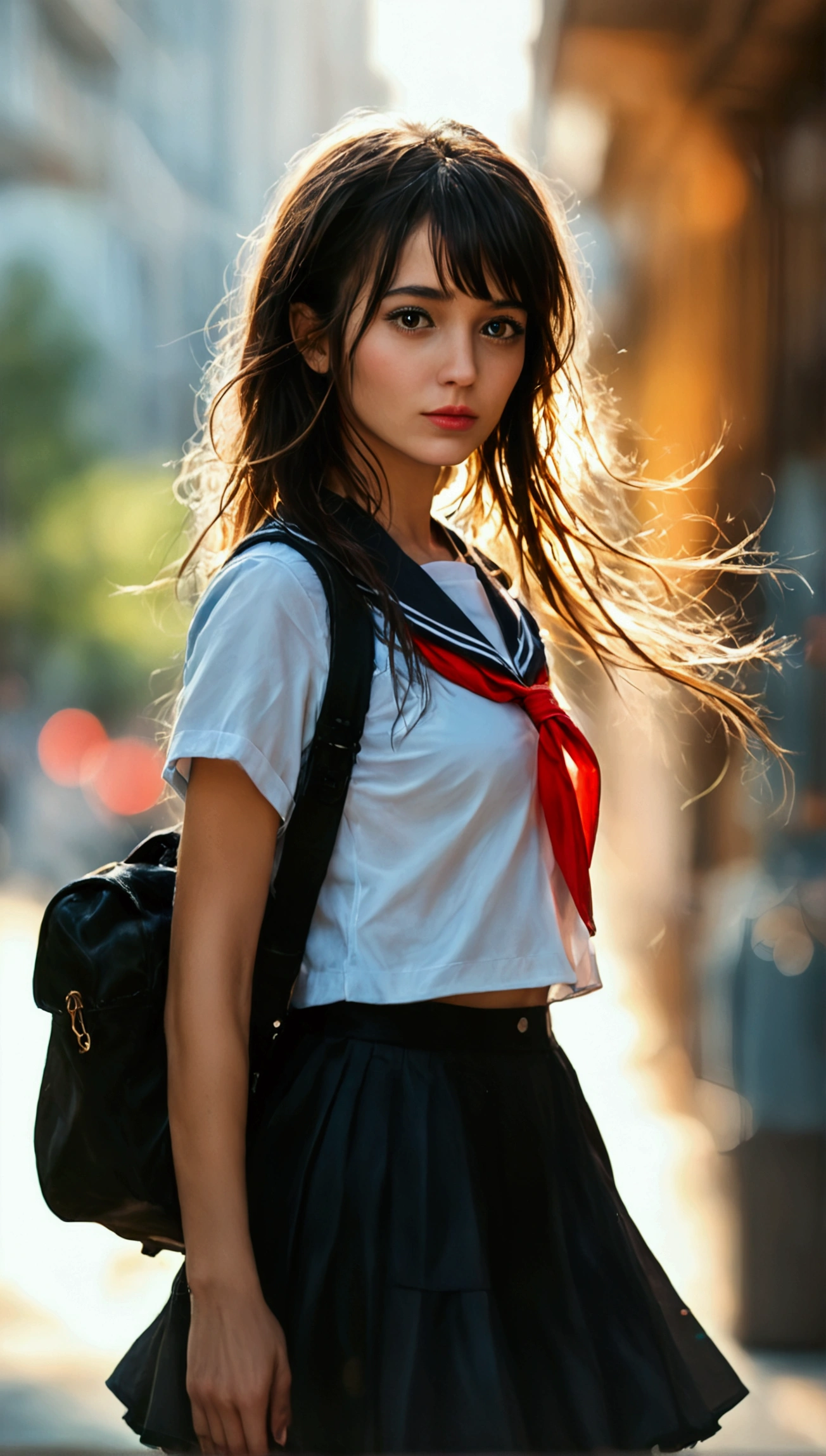 score_9, score_8_up, score_7_up, 1girl wearing school uniform, thighhigh, walking on the street, beautiful detailed eyes, beautiful detailed lips, extremely detailed face, longeyelashes, colorful, vibrant, cinematic lighting, (best quality,4k,8k,highres,masterpiece:1.2),ultra-detailed,(realistic,photorealistic,photo-realistic:1.37),cinematic color grading,70mm film, golden hour, cinematic mood, photographic, 1girl, outdoor, city street, urban environment, warm tones, soft lighting