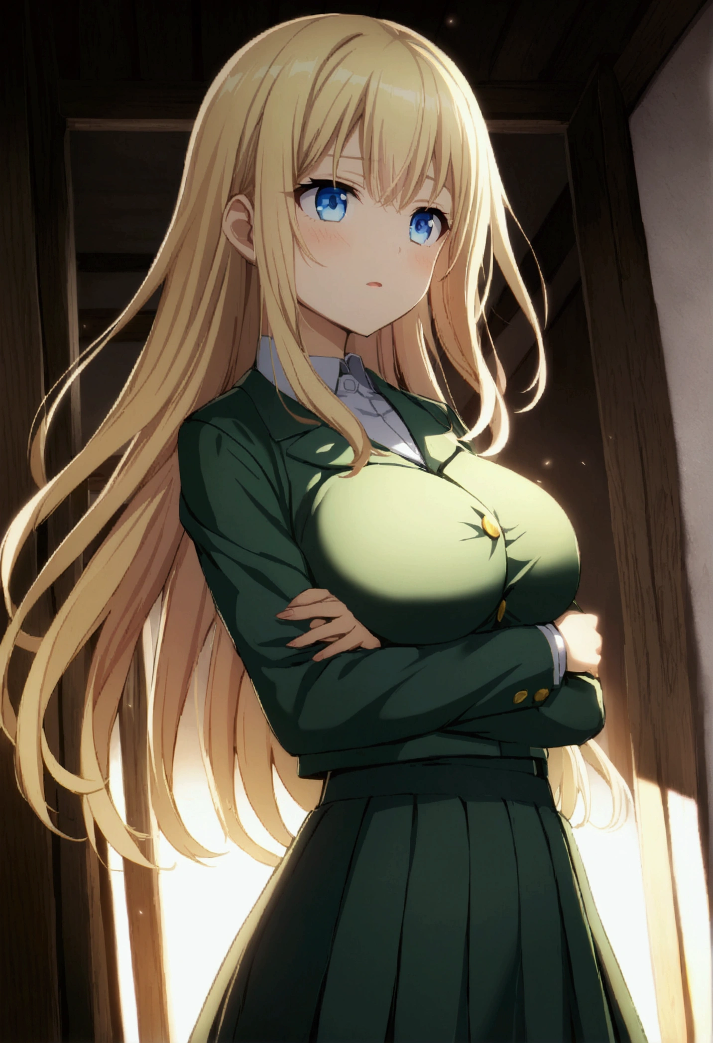 1girl, long blonde hair, blue eyes, 90cm breasts, green school uniform, CG