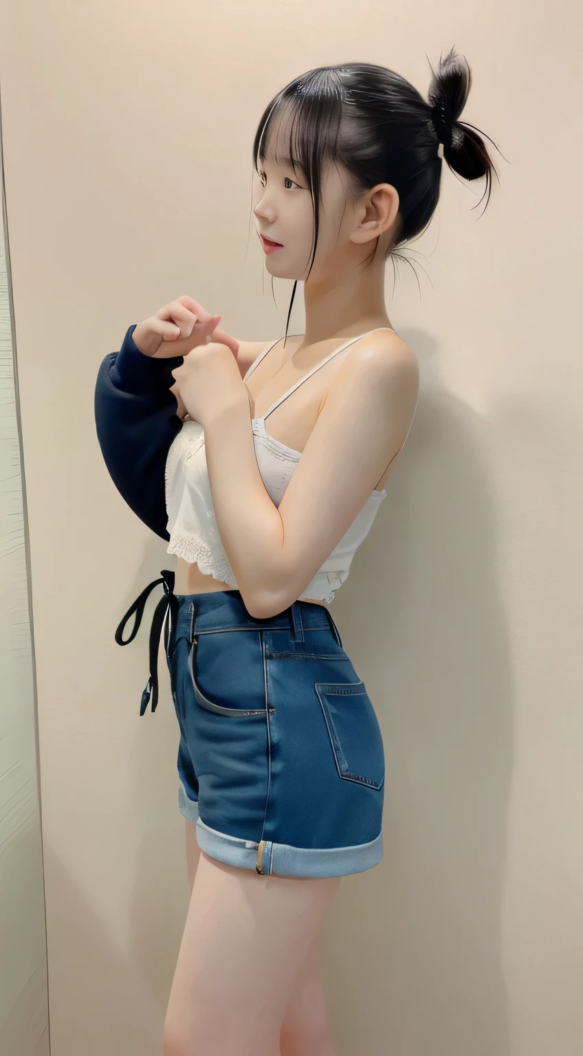 A Japanese Lady、beauitful face、二重まぶた、Big eyes、Long Black Hair、Micro shorts、beauty legs、Raw feet、pin heels、tall、super long legs、model poses、Sexy legs、