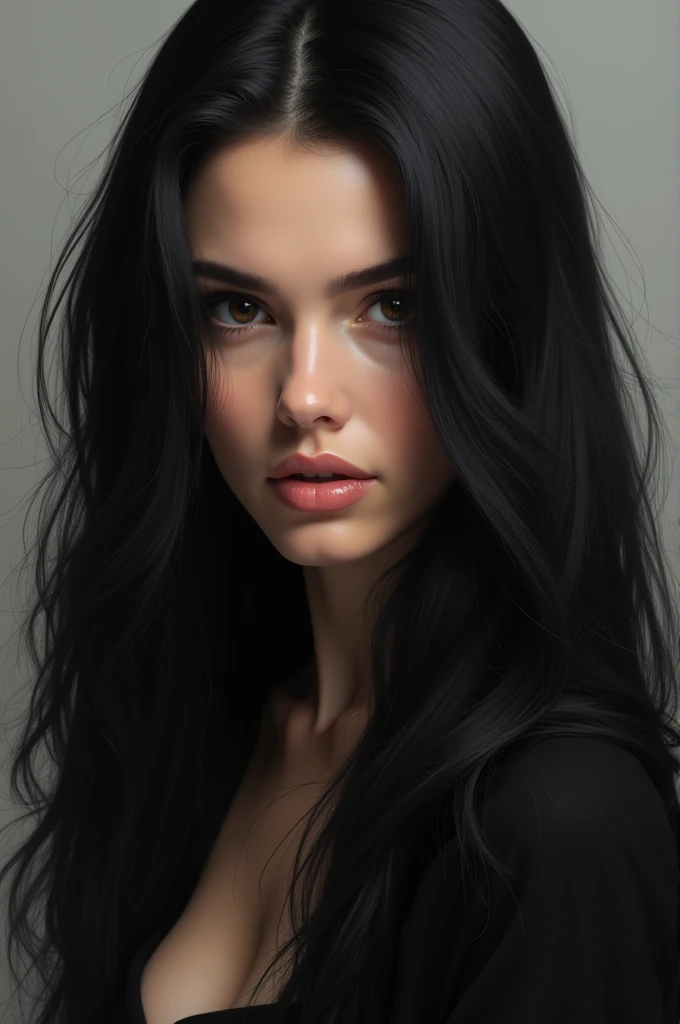 Photo realism black long hair woman 