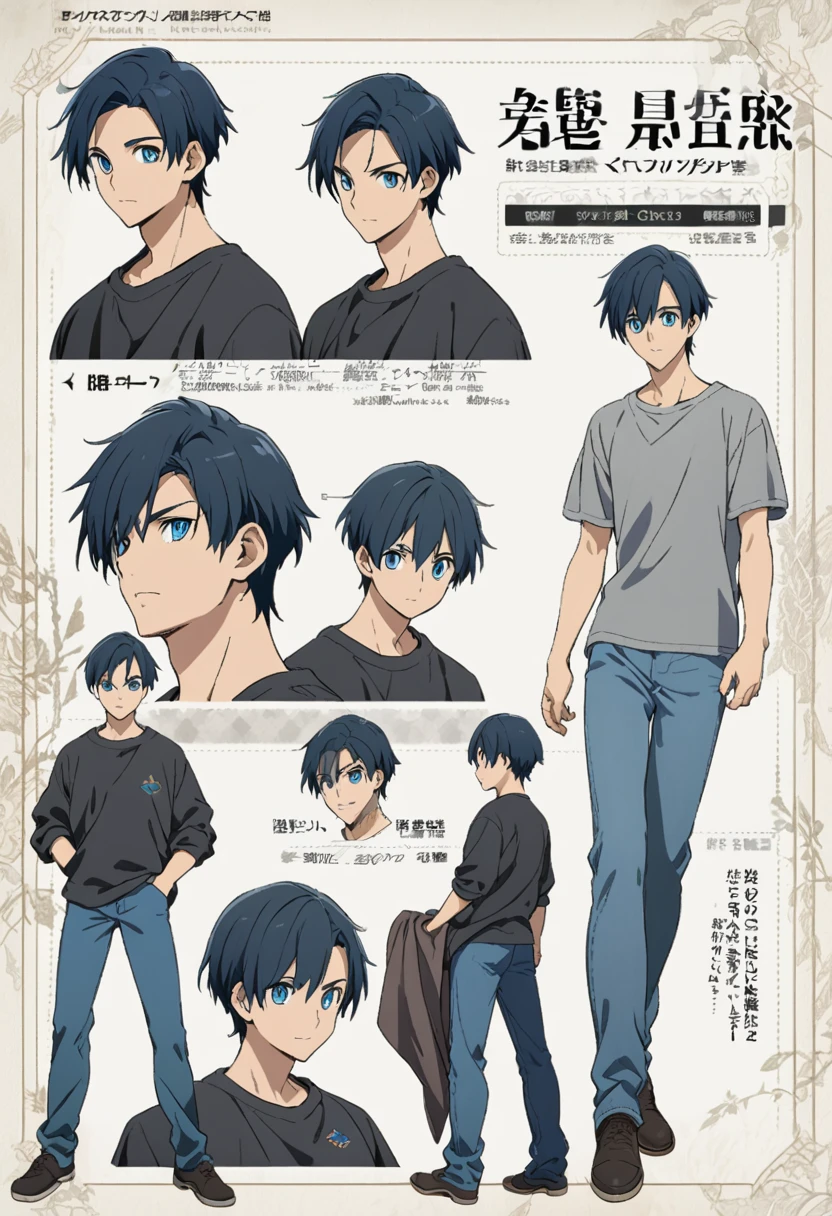 A character model sheet depicting the same character from three angles、Blue-eyed plain boy、Grey shirt and jeans、