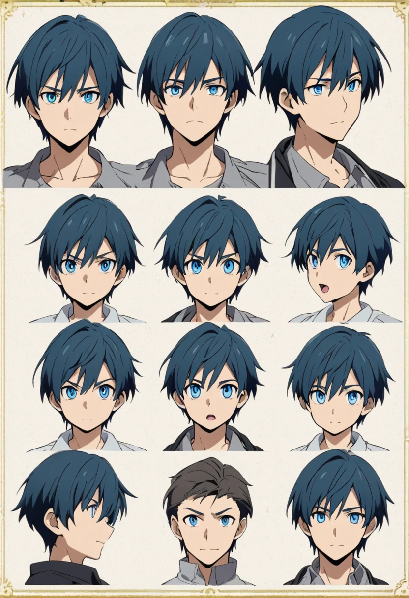 A character model sheet depicting the same character from three angles、Blue-eyed plain boy、Grey shirt and jeans、