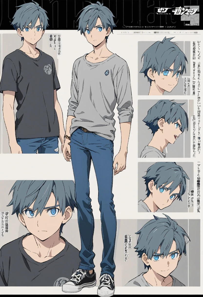 A character model sheet depicting the same character from three angles、Blue-eyed plain boy、Grey shirt and jeans、