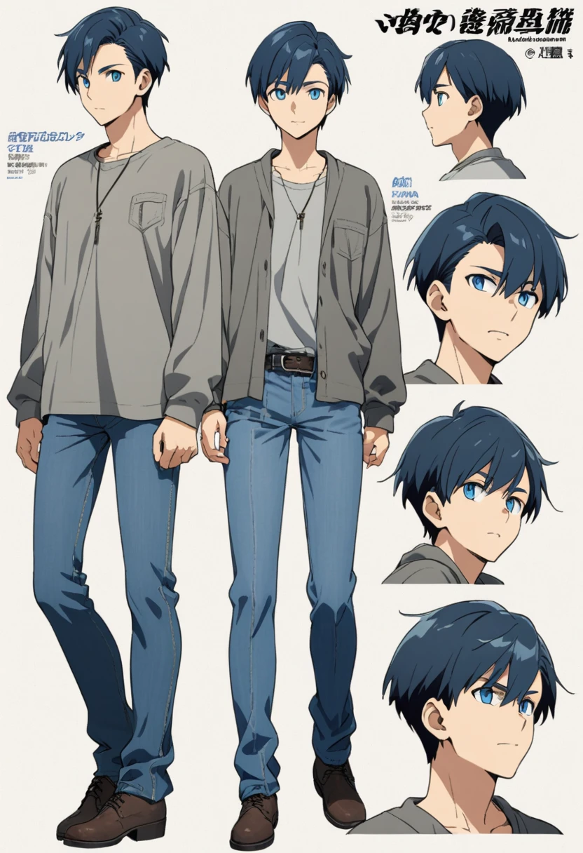 A character model sheet depicting the same character from three angles、Blue-eyed plain boy、Grey shirt and jeans、