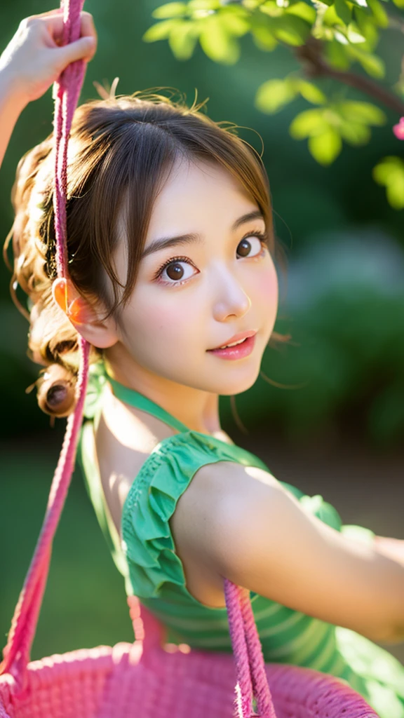 (AKB 48)), ((lens flare))), (((constricted waist))), (Mekosuji visible)))), (backlit))),(The sunset is shining from behind)),(Tropical garden)),((Smiling),((NIKON Z)),(19 years old),(B cup bust))),(B-cup bust)),(Colorful lace bikini swimsuit))),( Slight rough skin)))), ((Pore feeling)))), (skin feeling)))), (((Photorealism: 6, real)))), (((Earrings)), Perfect breast shape, bare buttocks, side ponytail, braid, pale skin, look at the viewer, small waist, wind, waves, 8K UHD, DSLR, soft lighting, high quality, highest quality, ultra high resolution, (photorealistic: 1.4),
