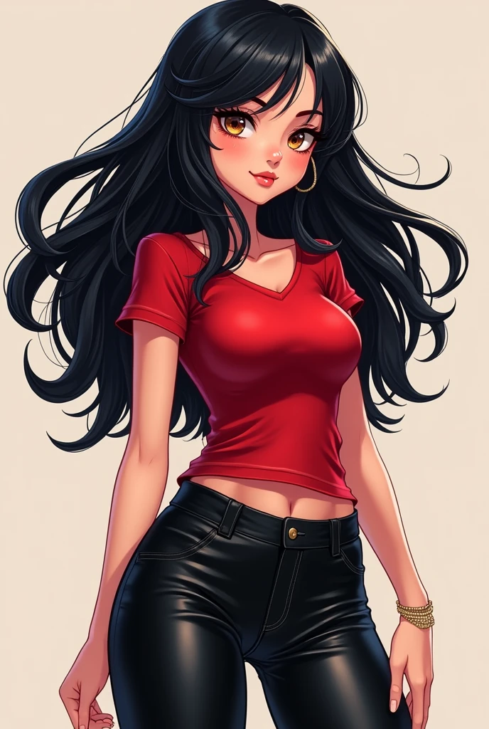 A girl with black hair and a big ponytail, red clothing and a yellow skirt, her shirt is slightly open showing a bit of her chest but not her nipples