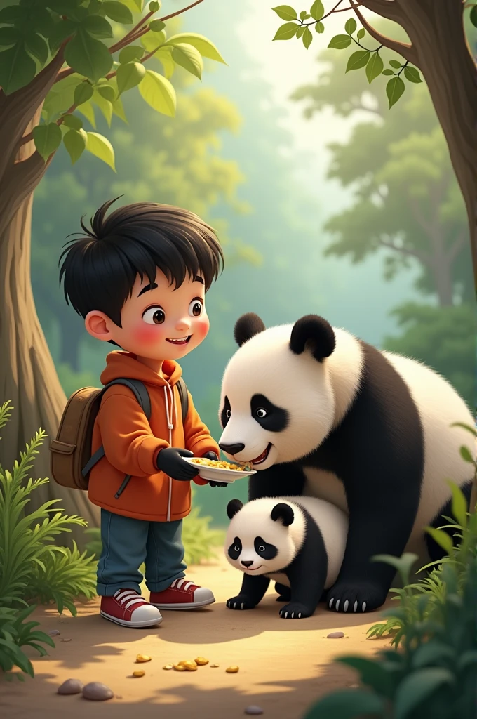 Panda with a kid and they enter in the zoo and they are happy