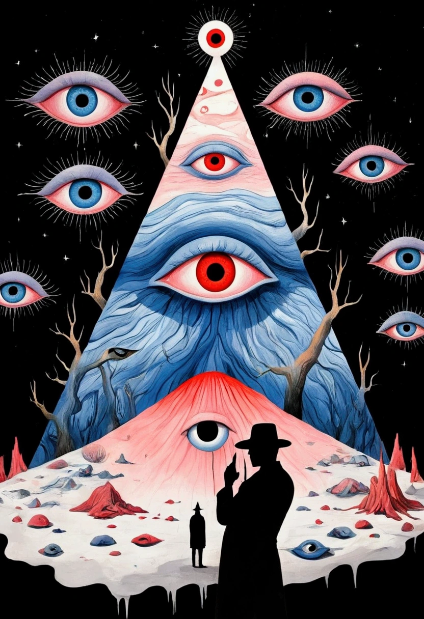 painting of a person holding a red eye in front of a black background, all - seeing eye, ( all seeing eye ), all seeing eye, in style of stanley donwood, 3rd eye, style of stanley donwood, stanley donwood, shamanic horror lsd art, third eye, opening third eye, psychedelic cosmic horror, the eye of providence