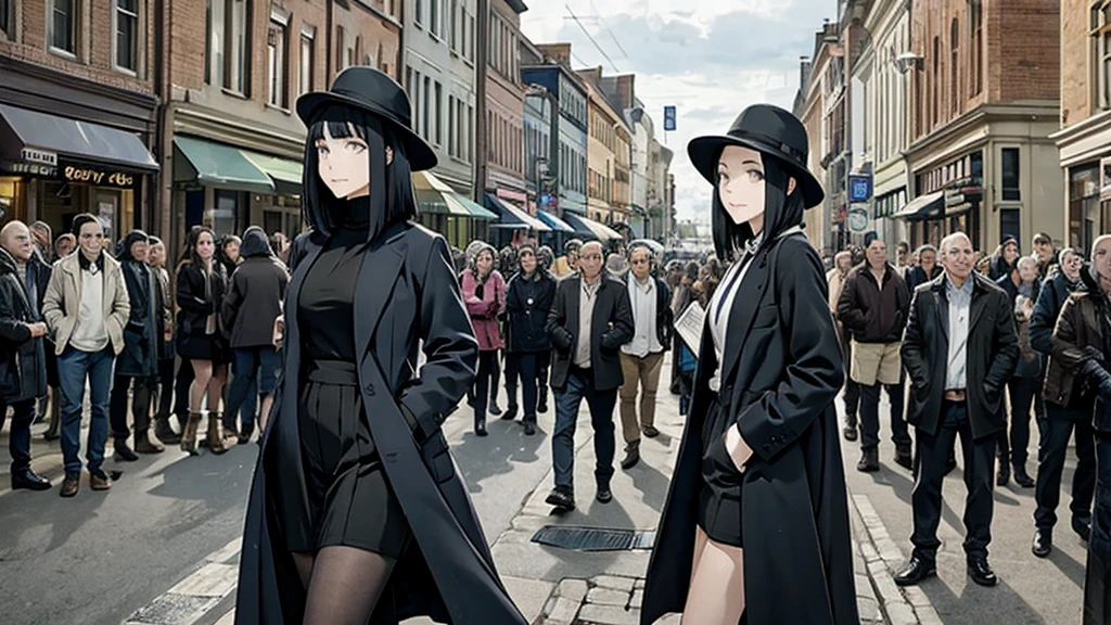 Woman in the middle of a crowd on a main street, Black Hat, Black Boots, Black Long Cardigan, White dress