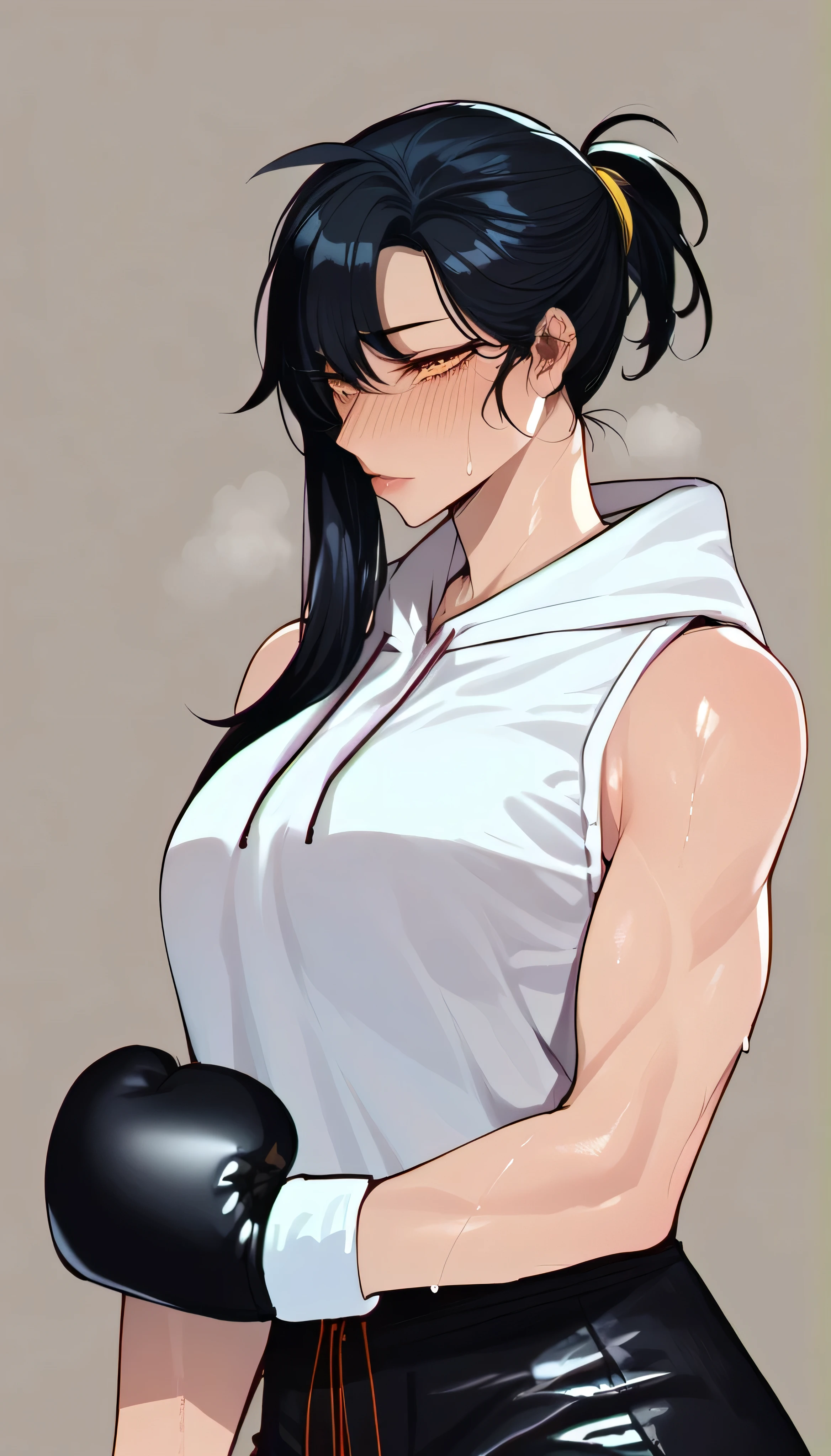 black hair,masterpiece,best quality,highres,ultra-detailed,aashizue,yellow eyes,long hair,(sleeveless hoodie:1.2), boxing gloves, toned, sweating, (sleeveless:1.4)