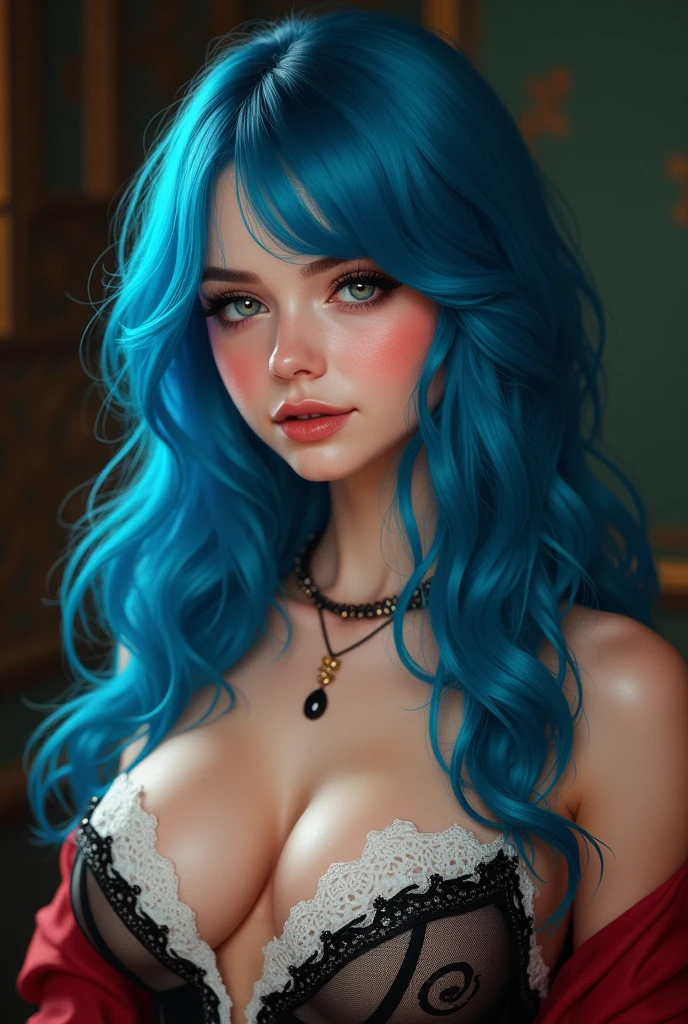 a real ultra realistic 8k goddess of temptation with cyan coloured hair and perfect beautiful face ratio according to mathematically, perfect jawlines, perfect face cut, perfect cheek bones, ultra realistic 8k facial features, beautiful blue big realistic beautiful eyes, juicy beautiful lips, bright light, long_hair In a dream world a beautiful woman bayonetta, (cyan hair with red streaks), (perfect face), beauty, seductive, (voluptuous), (completely naked), (wide hips), (big breasts), athletic waist, (She wears a very transparent plastic bodysuit where her nipples stand out), lying on a sofa with legs open, full body, very realistic, hd