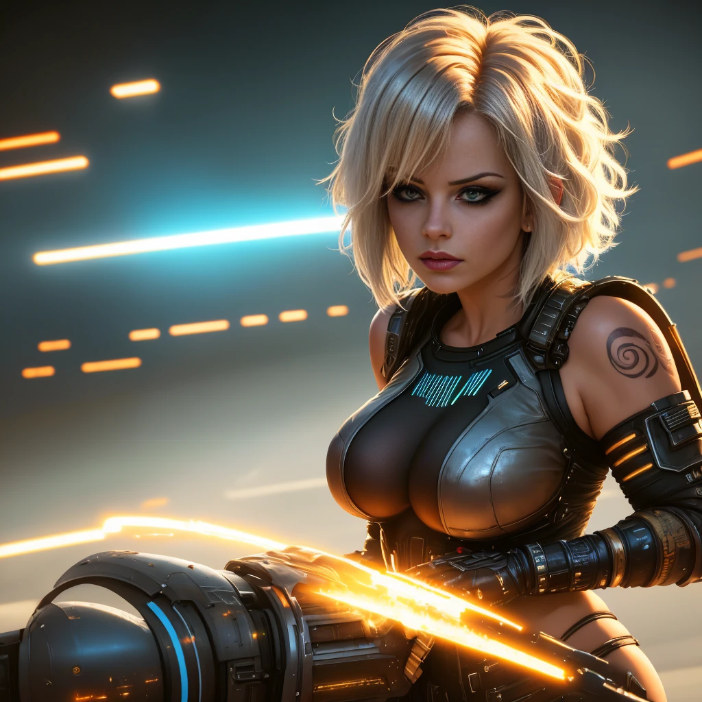 cyberpunk aesthetic, commercial photo, cover poster art, (masterpiece:1.25), (best quality:1.25), highest detail, extreme intricate detail, rich details, photo realistic skin texture, 1woman, model, centerfold, beautiful, ultra detailed eyes, long eyelashes, (heavy makeup:1.25), platinum blonde, neat short hair, sidebob haircut, fully tattooed sleeves both arms, large round breasts, skinny, bubble butt, cinematic, depth of field, sci-fi, futuristic, hyperrealistic, dramatic lighting, lucid, vivid, vivid contrast, vivid colors, high dynamic range, clear shadows and highlights, hdr, uhd, 32k