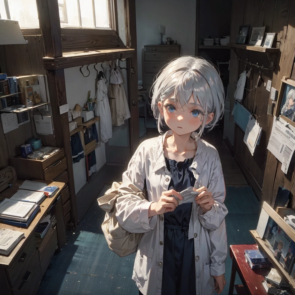 Silver Hair、blue eyes、、Shortcuts、Casual clothing、Inside the room、Getting ready to go out、High resolution, Anatomically correct,