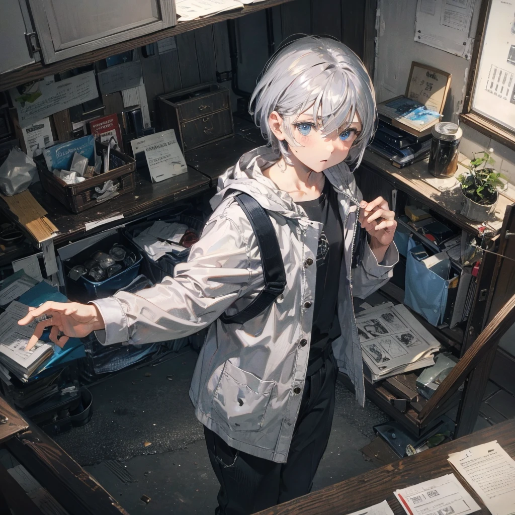 Silver Hair、blue eyes、、Shortcuts、Casual clothing、Study、Preparing the bag、High resolution, Anatomically correct,