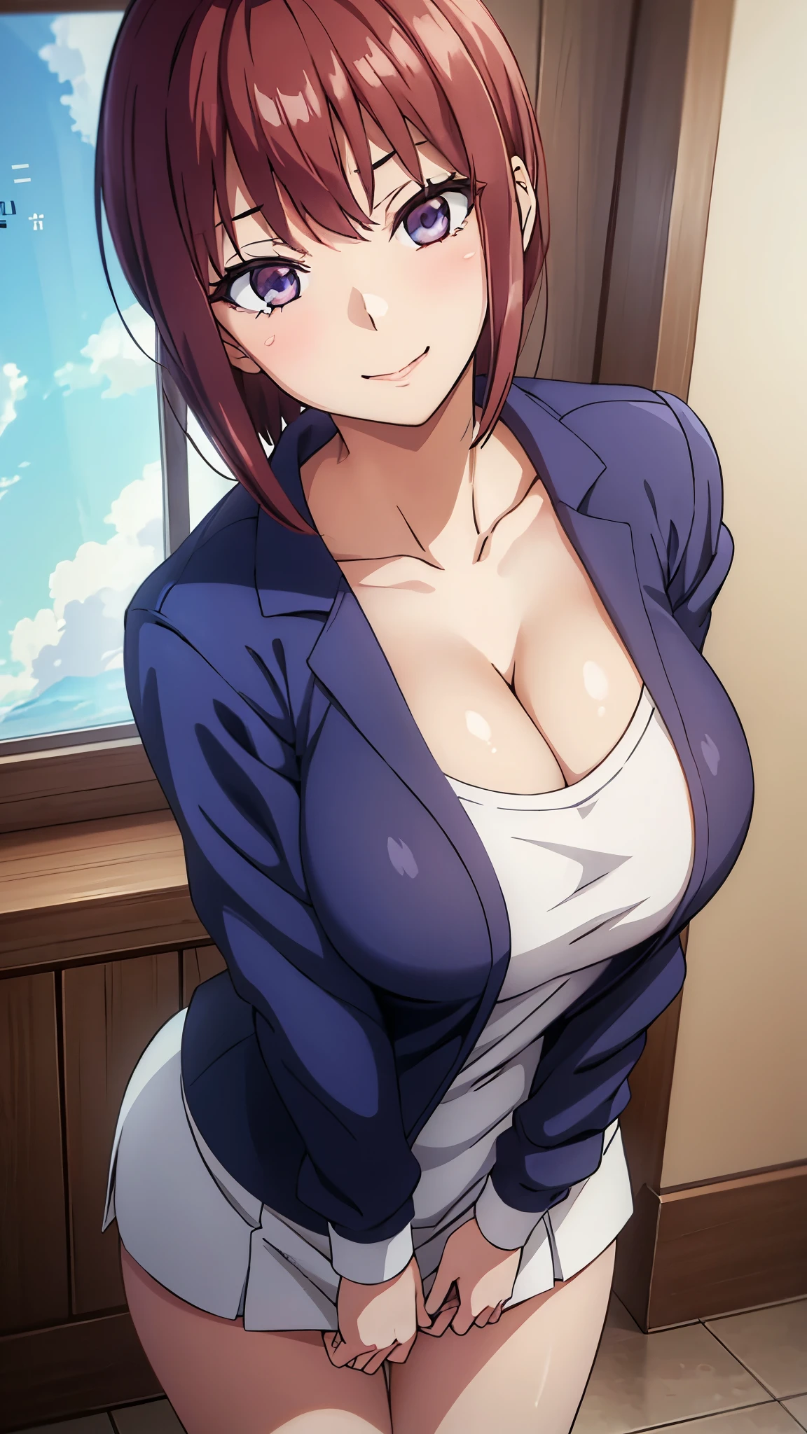 (((masterpiece))),fuyumi itadori, Anime girl characters, 1girl, solo, looking at viewer, medium hair long sleeves, cleavage, bigger breasts, closed mouth, collarbone, jacket, open clothes, open jacket, blue jacket, ground vehicle, sports bra, tall girl, horny, big ass, beautiful face,Charming,  anime visual of a cute girl, screenshot from the anime film, & her expression is solemn, ahegao face, in the anime film, in an anime, anime visual of a young woman, she has a cute expressive face, still from anime, perfect breasts, she is tall, All bodies visible, ahegao face, the face is ahegao, she is horny, A perverted face, she so perverted, she smile so perverted, hd picture, 4k quality, details of the face is so good,bigger breasts, ,change her face and make her face hd and pretty😍, make her face like nakano ichika , she is masturbating