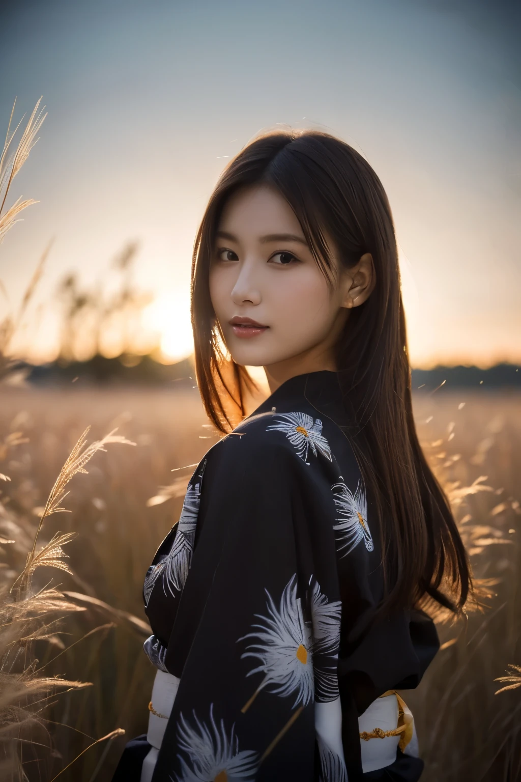 1 girl, (She is wearing a cute yukata:1.2), Very beautiful Japanese idol portraits, 
(RAW Photos, Best Quality), (Realistic, Realistic:1.4), (masterpiece), 
Very delicate and beautiful, Very detailed, 2k wallpaper, wonderful, finely, Very detailed CG Unity 8K wallpaper, Very detailed, High resolution, Soft Light, 
Beautiful detailed girl, Very detailed目と顔, Beautiful and sophisticated nose, Beautiful beautiful eyes, Cinema Lighting, 
(Standing in a field of silver grass on a moonlit night:1.3), (Big Moon), (月明かりに浮かぶ少女のwhole bodyのシルエット), (Dark screen at night:1.5), 
(Medium Hair), (Hair blowing in the wind), (whole body), 
Perfect Anatomy, Slender body, Small breasts