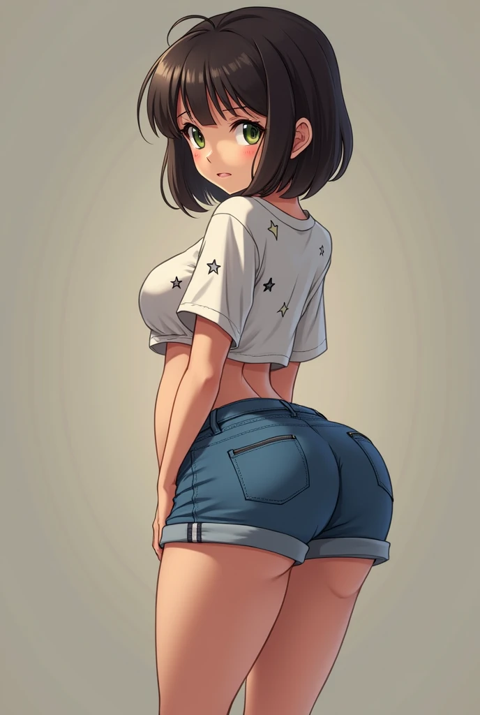 Asian girl with dirty blonde hair in a bun. Medium sized breasts. Round ass. Hazel eyes.