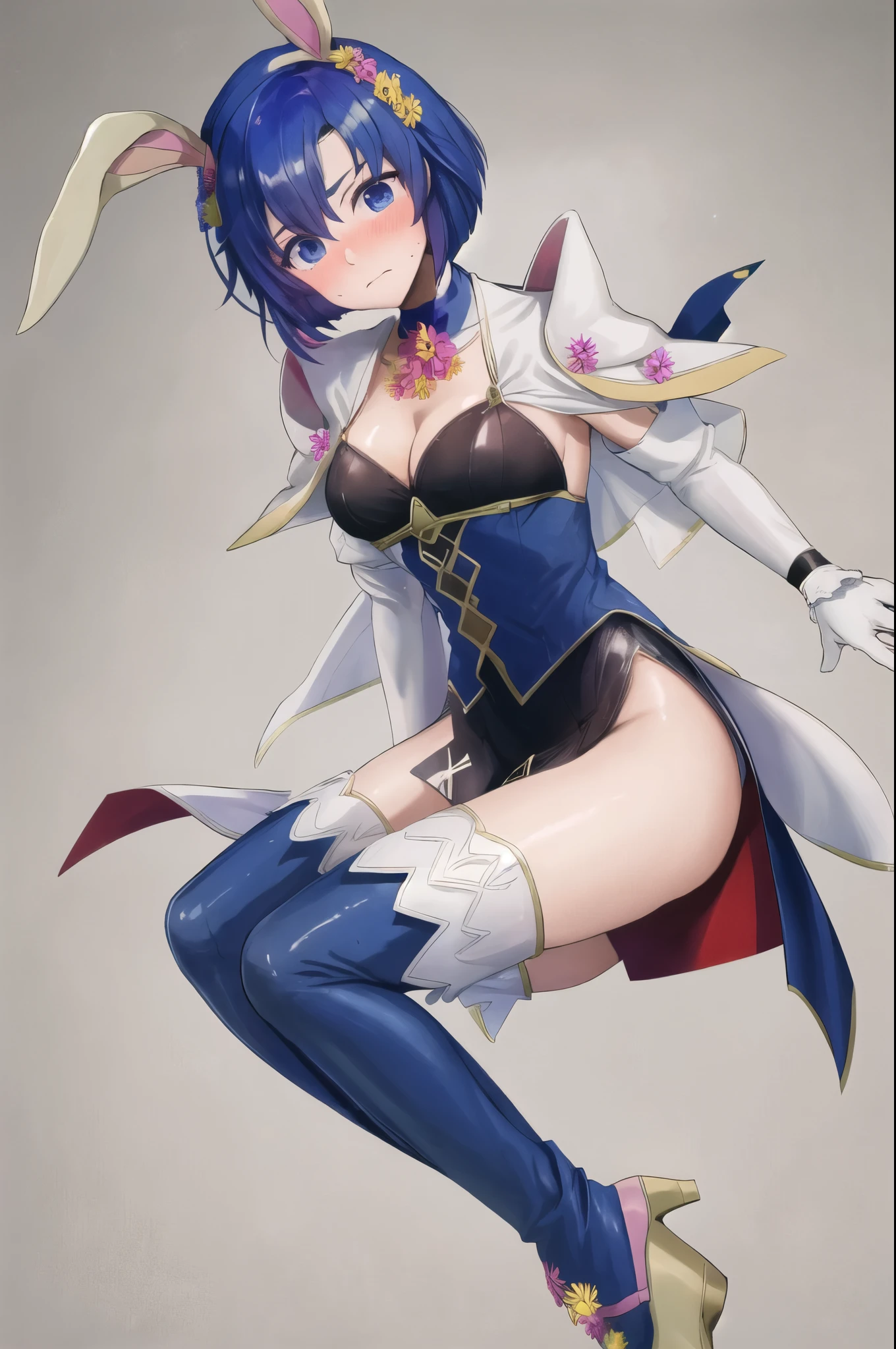 catria_easter, 1girl, solo, blush, boots, cleavage, detached_collar, dress, easter_egg, egg, elbow_gloves, embarrassed, flower, gloves, hair_between_eyes, hair_flower, hair_ornament, leotard, looking_at_viewer, , playboy_bunny, rabbit_ears, short_dress, thigh_boots, thighhighs, white_gloves