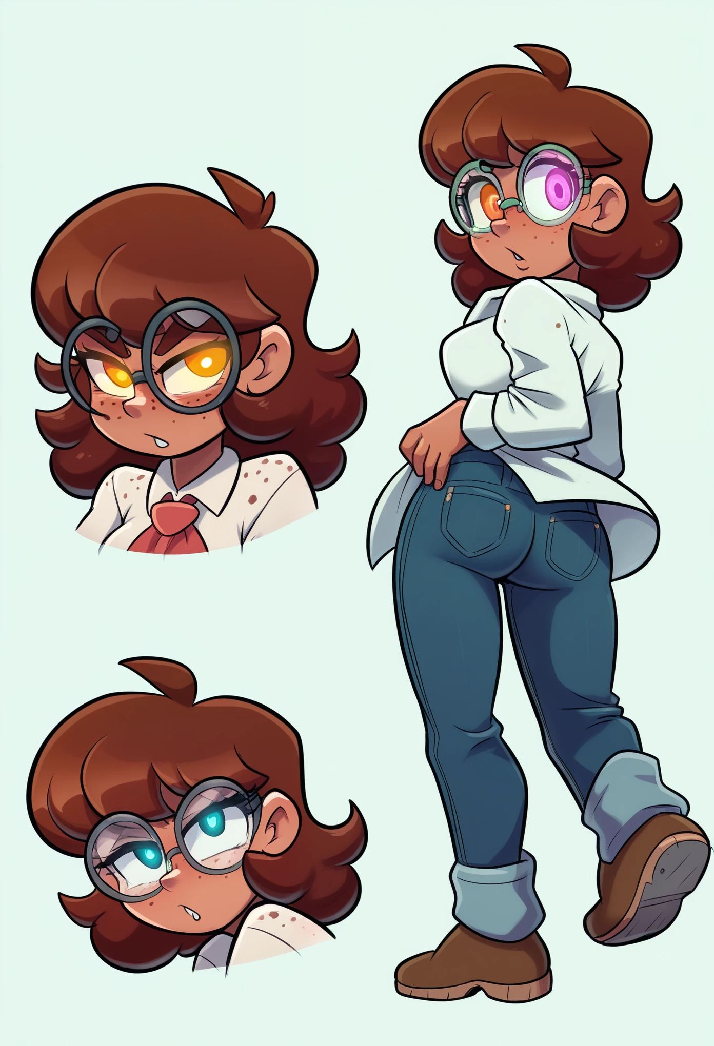 A smart, nerdy, yet irresistibly cute young woman with dark chocolate brown skin She wears a pristine white lab coat over a form-fitting red undershirt, paired with sleek black jeans that hug her figure comfortably. Her face is framed by soft, slightly wavy hair, and she wears a pair of adorable round glasses, enhancing her intelligent appearance. Her eyes exhibit striking heterochromia, with one eye being a bright amber and the other a deep ocean blue. that rest on her nose. Freckles dot her cheeks and arms, adding a youthful charm. Her curly, shoulder-length hair bounces slightly as she moves. detailed face, extremely detailed eyes, masterpiece, 4k, 8k, high-res, ultra-detailed, physically-based rendering, vivid colors, studio lighting cinematic lighting, dramatic lighting, dramatic composition, dynamic pose, volumetric lighting, Nice ass, B-cups, Cute breasts, shapely figure, Serious expression, glowing eyes, freckles, Full Body
