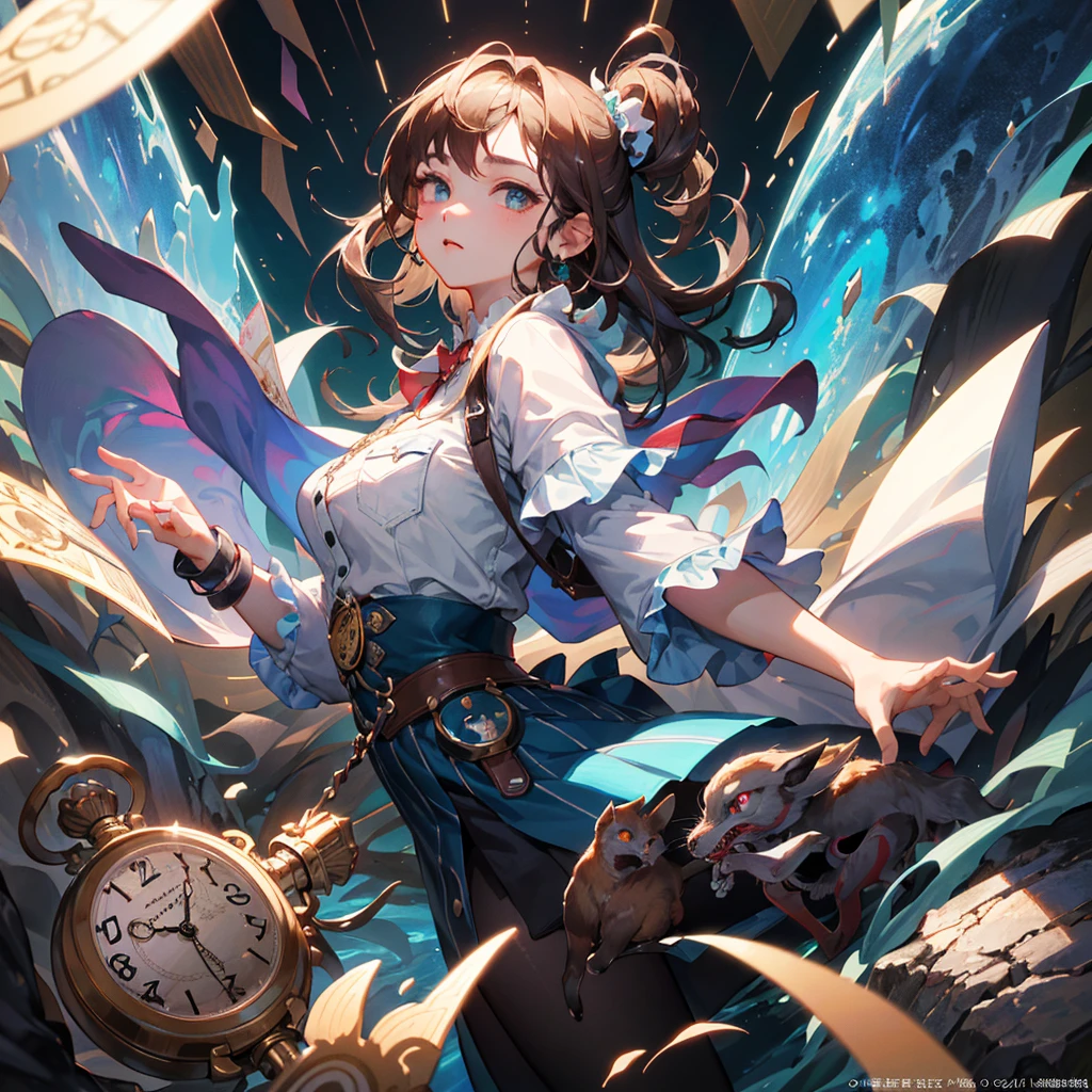 1girl,(((Best Quality、Masterpiece、Official Art、Dynamic composition、Super detailed、Perfect Anatomy)))、Anime Style、Absurd、Large pocket watch in the background、Alice in Wonderland、Alice&#39;s Apron-Style Dress、Long boots、Big ribbon on head、Rabbit in a tuxedo、Fantasy World、Black and magenta palette、