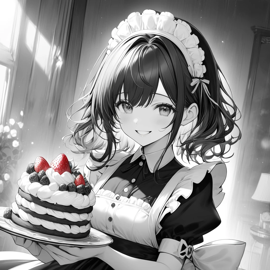 Monochrome Art,Black and white grey,red,redが強調,((redい目,redいいちご,redいリボン)),Holding a strawberry shortcake,Smiling maid,masterpiece,Best Quality,Exquisite,8k,Absurd,Ultra-fine illustrations,front