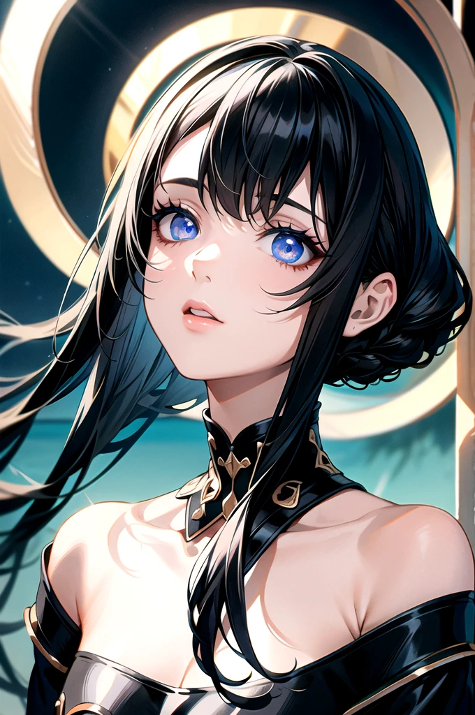 8k, highres, ultra detailed, (masterpiece:1.4), (Black and white portrait:1.4), best quality, symmetrical body, a beautiful 18 year old girl, naked, cute, solo, long hair, black hair, blue eyes, glow effect, finely eye, detailed face, looking at viewer, smilling at viewer, dark background, angled view