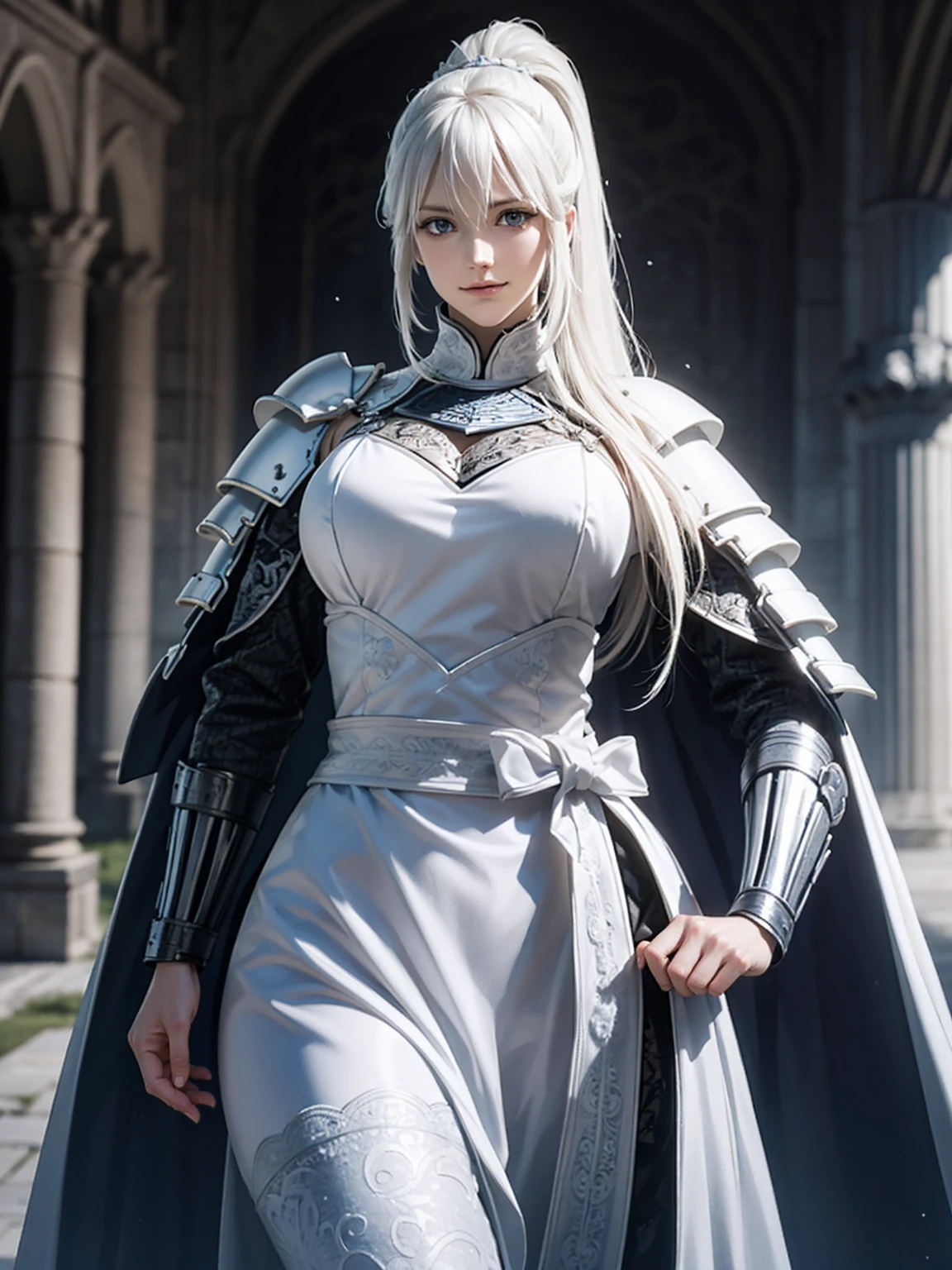 Tall woman, white hair, castle, white skin, dark fantasy, knight, 250cm tall, big breasts, epic, 4k, high resolution, ambient occlusion, holding a sword, dynamic pose, concept art, inspiring, dark armor, dark clothing, dark environment