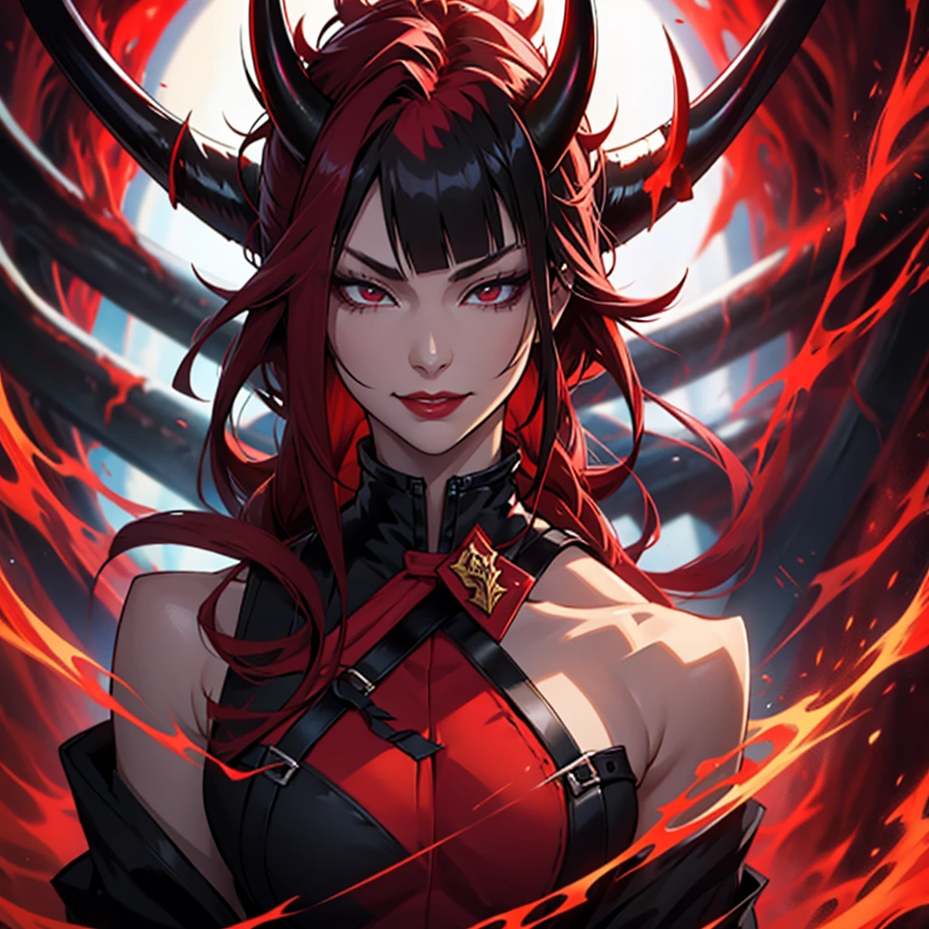 Demon woman, beutiful demon girl, big horns, devil smile, angry, red eyes, black curly hair, dark red background, blood,