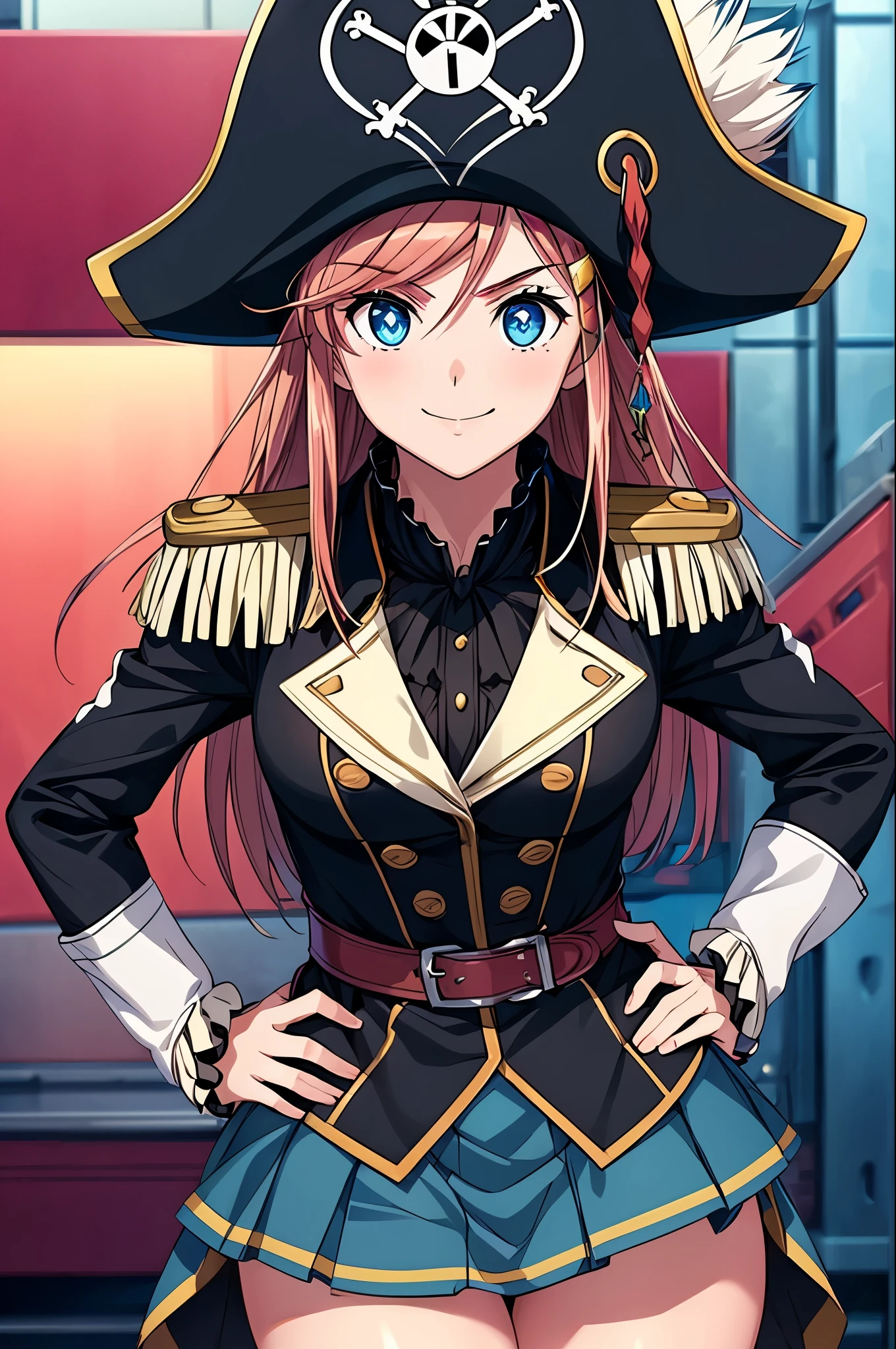 1girl,solo,katou marika, pirate costume, pirate hat, skirt,thighs,Hands on Hips,smile,masterpiece,Noise Reduction,perfect anatomy,high resolution, ultra-detailed, ultra-detailed face,game cg,dutch angle ,beautiful detailed eyes,visualart,five fingers, perfect hands, perfect lighting, sparkling pupils,