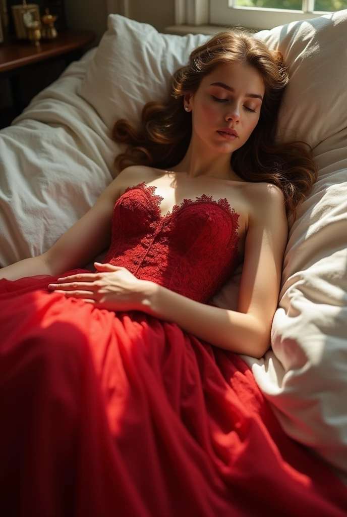 Sleeping Dead Girl,red dress,Armpit,pale skin,(hands behind head),bangs bangs,rose flower