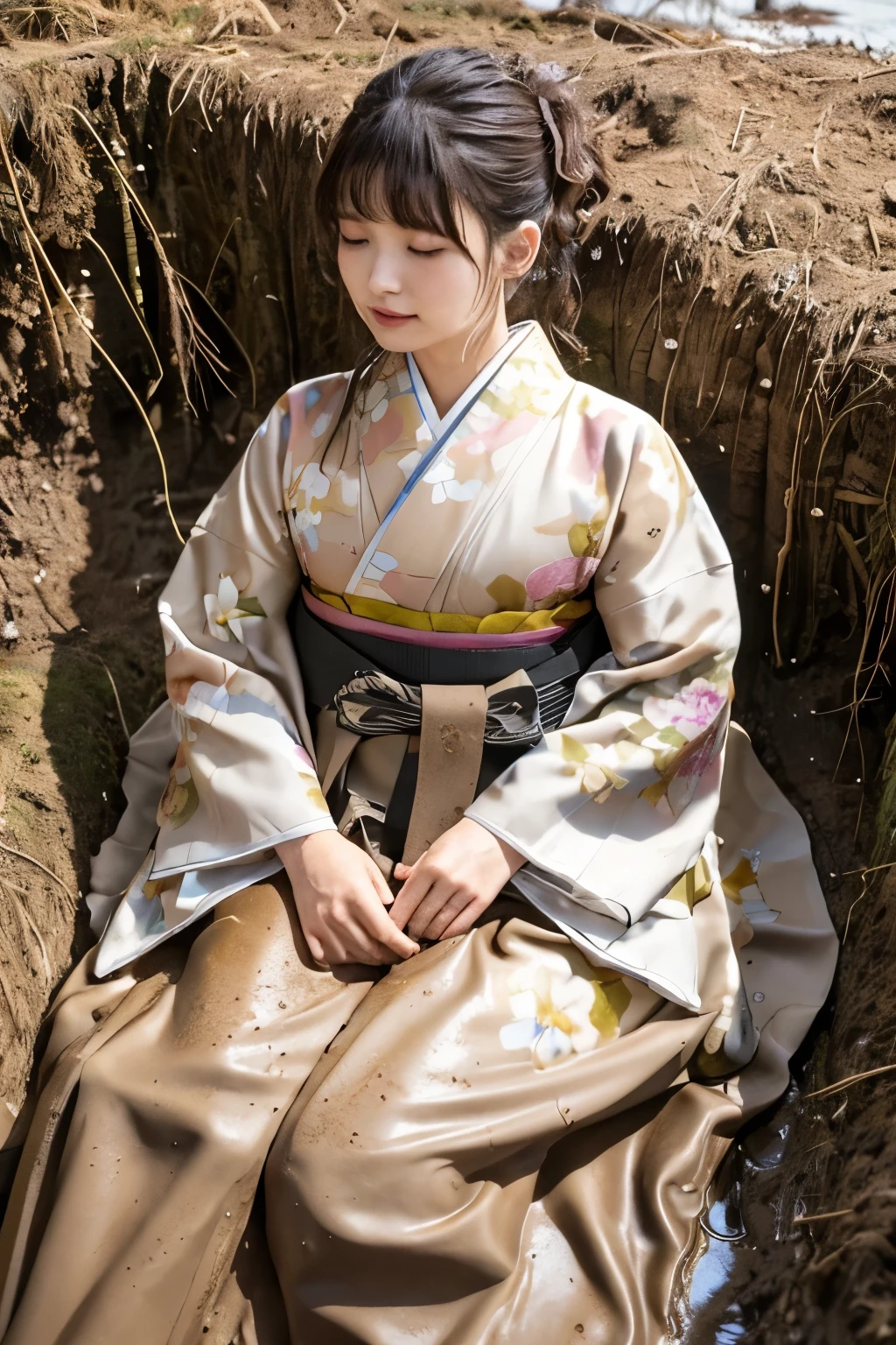 Real、Hakama、Japanese、kimono、Women、Long-sleeved kimono、Clothes that stick to the skin、Muddy clothes、Muddy clothes、Clothes covered in a lot of mud、Immersed in muddy water、Buried in mud、Being covered in mud、wet textured clothes、Woman immersed in mud、floral kimono、lie down、