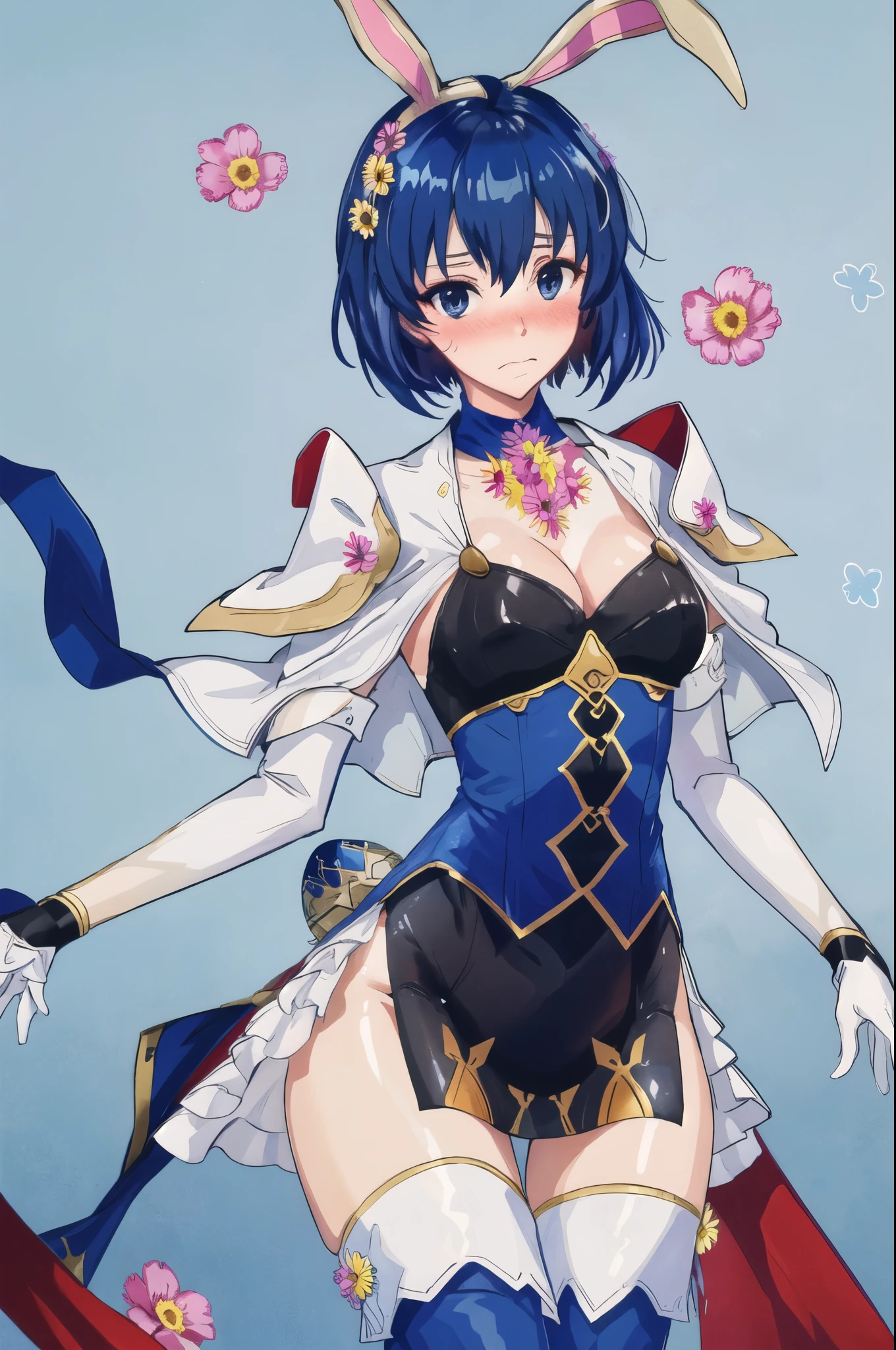 catria_easter, 1girl, solo, blush, boots, cleavage, detached_collar, dress, easter_egg, egg, elbow_gloves, embarrassed, flower, gloves, hair_between_eyes, hair_flower, hair_ornament, leotard, looking_at_viewer, medium_breasts, playboy_bunny, rabbit_ears, short_dress, thigh_boots, thighhighs, white_gloves, cowboy shot, upper body