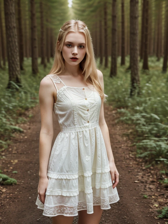 woman, young, blonde, pale skin, dress, forest