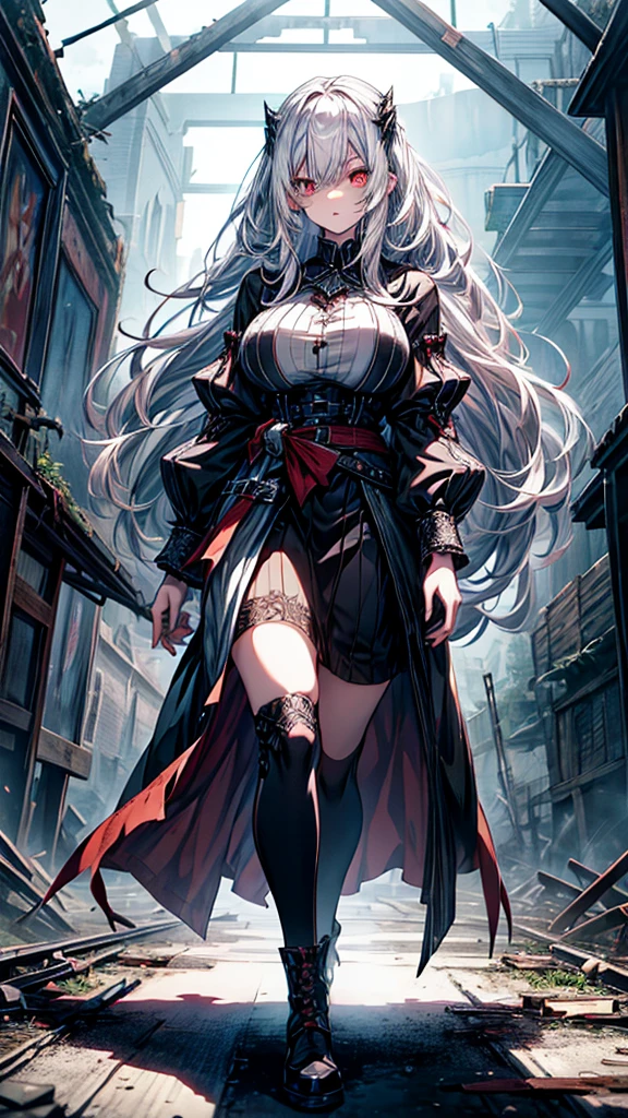 A sorceress girl, light curly voluminous hair, fantasy medieval, red blouse with lanterns on the shoulders, black leather pants, corset on the torso, big breasts, bust covered by a shirt, Eye Map, pale skin. Dark Fantasy
