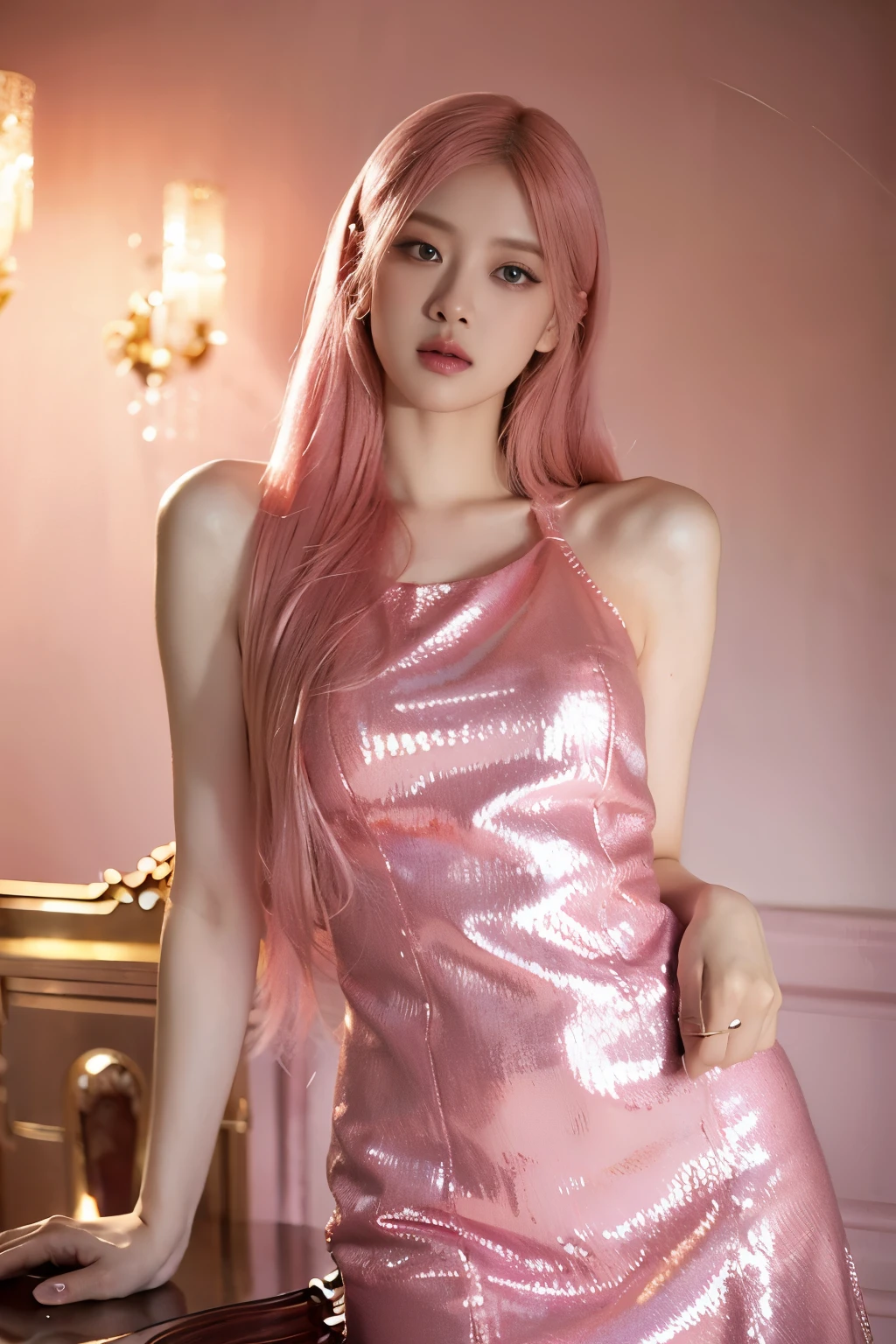 realisticlying, Hyper-detailing, Girls Only, (shoulder length straight Layered Bob:1.3), 动态照明, ((sexyposture)), (Glow skin: 1.5), tmasterpiece, top-quality, absurderes, watch audience, (Blonde and pink hair), Deep purple Clear starry sky eyes,((small breasts ,beautiful,A detailed eye,gem-like eyes,Colorful eyes,sparkle eyes:1.3)), slenderness, A high resolution, tack sharp focus, depth of fields, detailedeyes, sharp sharp eyes, (photorealistic eye)), exteriors, sunrise sky, (Glamorous and sophisticated design riverside lace dress,(White intricate pattern top and skirt):1.3))