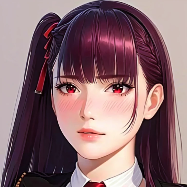 young woman, <xml><input>alone</input></xml>, looking at the viewer, (realistic:1.4), (WA2K:1.0), red eyes, shirt, jacket, red tie, (burgundy hair color), Braid, (one side up:1.2), (hair band), (blush, ashamed), (detailed, ultra-detailed, high detailed, ultra realistic 8k CG, Perfect work of art, high quality), wooden table, flores, interior