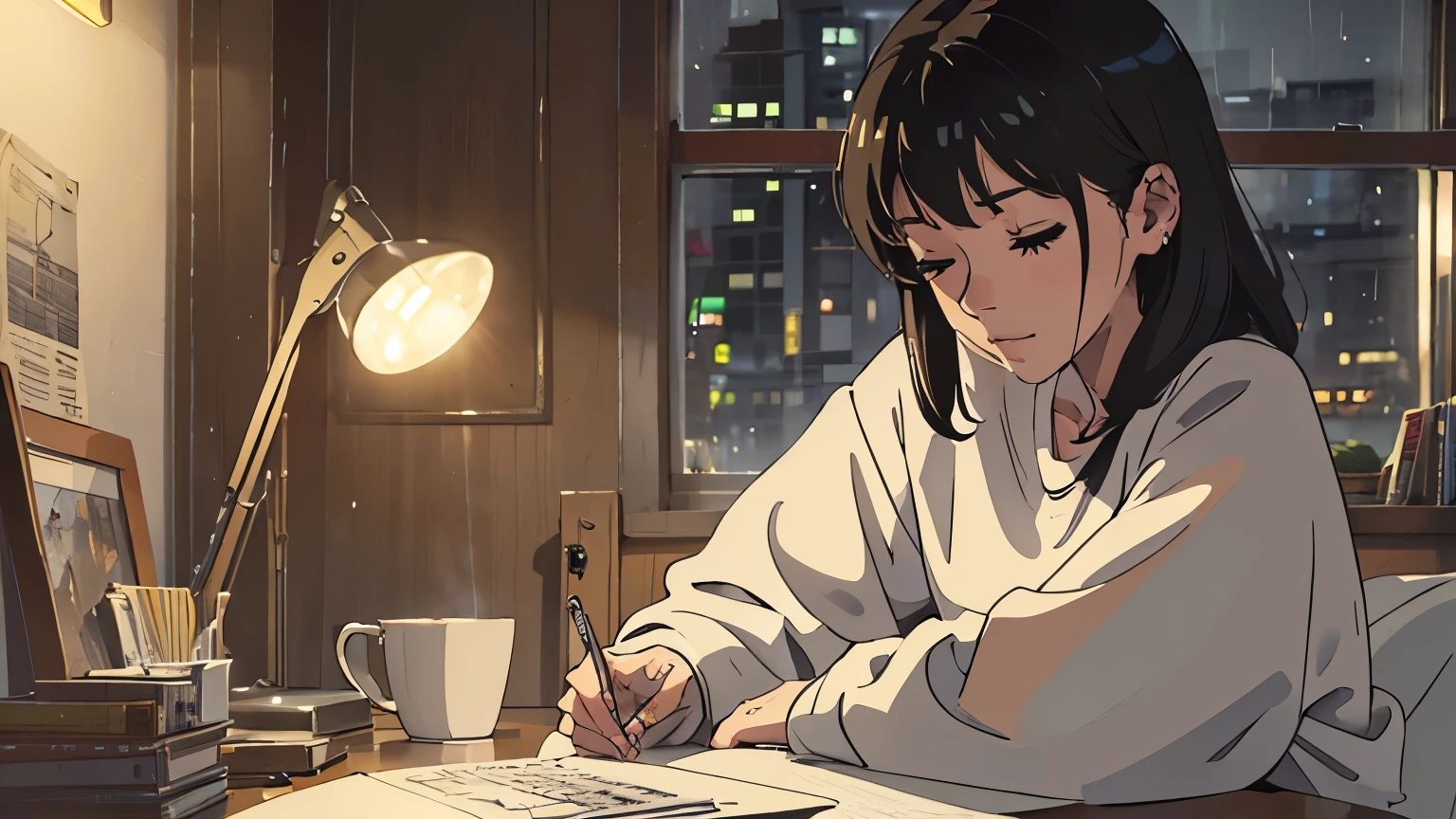 Anime girl sitting at a desk with a laptop and a cup of coffee - SeaArt AI