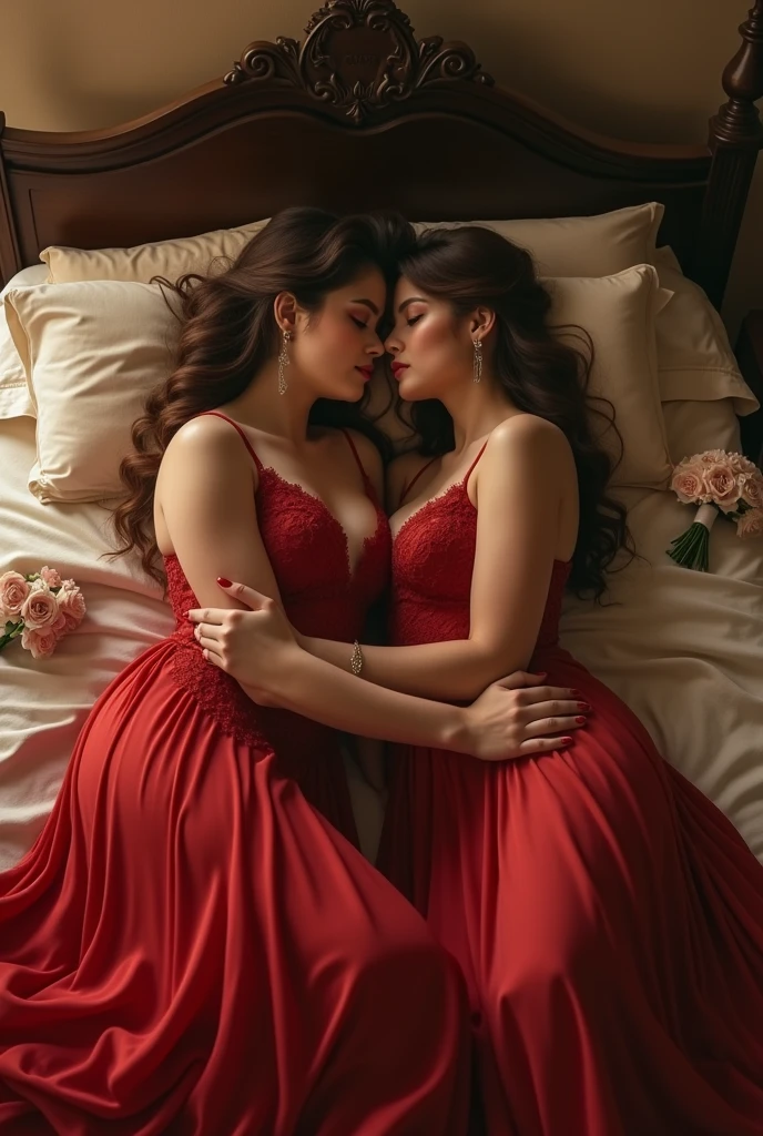 full view entire the bed, two persons, an adult women 3 and lips kissing each other, sitting on the bed, detailed face, beautiful detailed eyes, beautiful detailed lips, extremely detailed face and skin, long brown hair, luxurious crimson long train satin silk evening dresses, luxurious palace bedroom stretched and flooding by crimson satin silk fabric entire mattress, many rose flowers arround the bed, realistic, photorealistic, 8k, high quality, hyper detailed, masterpiece, dramatic lighting, cinematic, award winning photograph