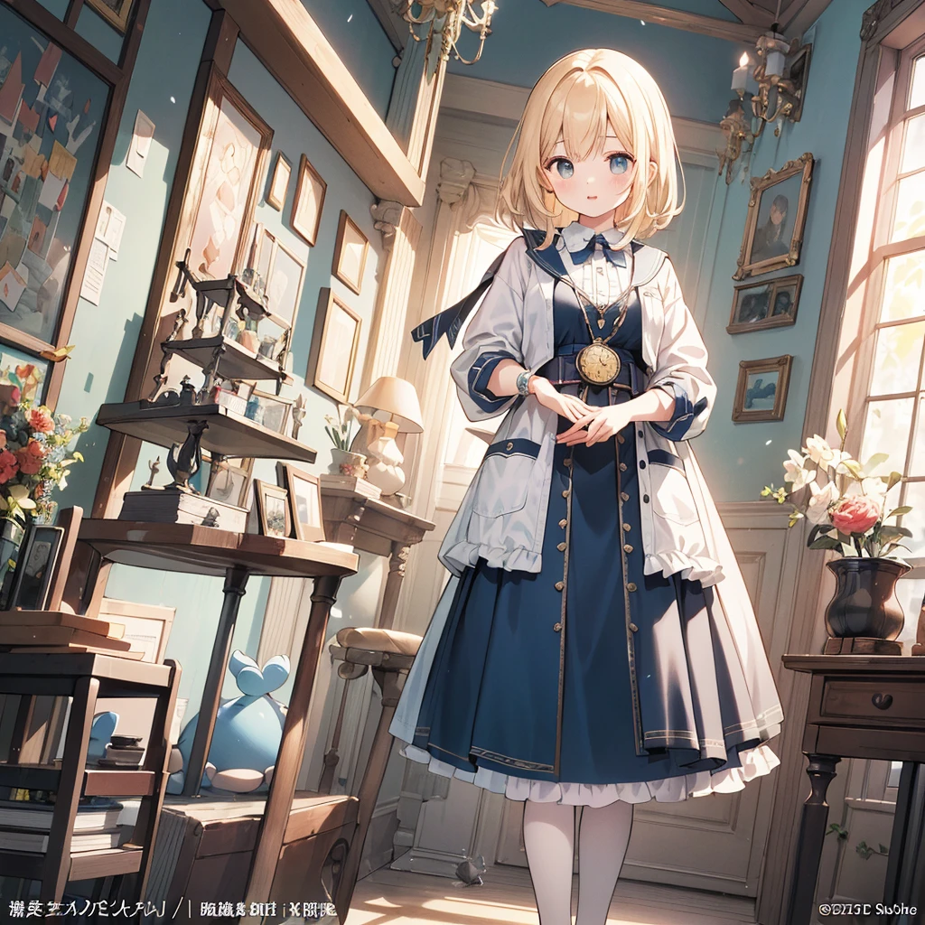 1girl,(((Best Quality、Masterpiece、Official Art、Dynamic composition、Super detailed、Perfect Anatomy)))、Anime Style、Absurd、Large pocket watch in the background、Alice in Wonderland、Alice&#39;s Apron-Style Dress、Long boots、Big ribbon on head、Rabbit in a tuxedo、Fantasy World、Black and magenta palette、Trump、