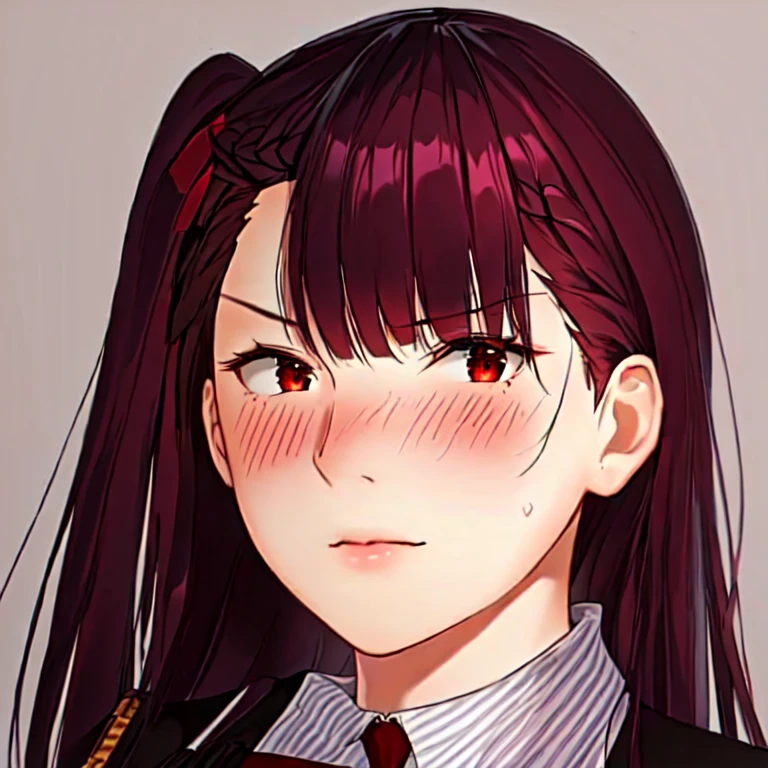 young woman, <xml><input>alone</input></xml>, looking at the viewer, (realistic:1.4), (WA2K:1.0), red eyes, shirt, jacket, red tie, (burgundy hair color), Braid, (one side up:1.2), (hair band), (blush, ashamed), (detailed, ultra-detailed, high detailed, ultra realistic 8k CG, Perfect work of art, high quality), wooden table, flores, interior