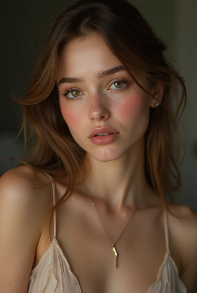 score_9, score_8_up, score_7_up, very aesthetic, full body shot, 1girl ,20 years, shoulder length straight hair, rosebrown multicoloured hair, ((cute face)), very detailed facial features, thin eyebrows, brown_cat_eye_make_up, brown lashes, freckles, succuba, seductive, soft tanned white skin,big breasts, teardrop breasts, both breast exposed, light pink negligee pulled up, cum dripping from her chin, big brown eyes, hazel brown hair, braid, kneeling infront of standing man, legs spread, panties pulled aside, on wooden ground, detailed face, intricate details, naturalism, hyperdetailed, hyperrealistic, submissive look, moaning, orgasmic face, grabbing head, view from the side, looking at viewer, 1 hand pushing back of her head, submissive eyes, hair between eyes, satisfied face expression