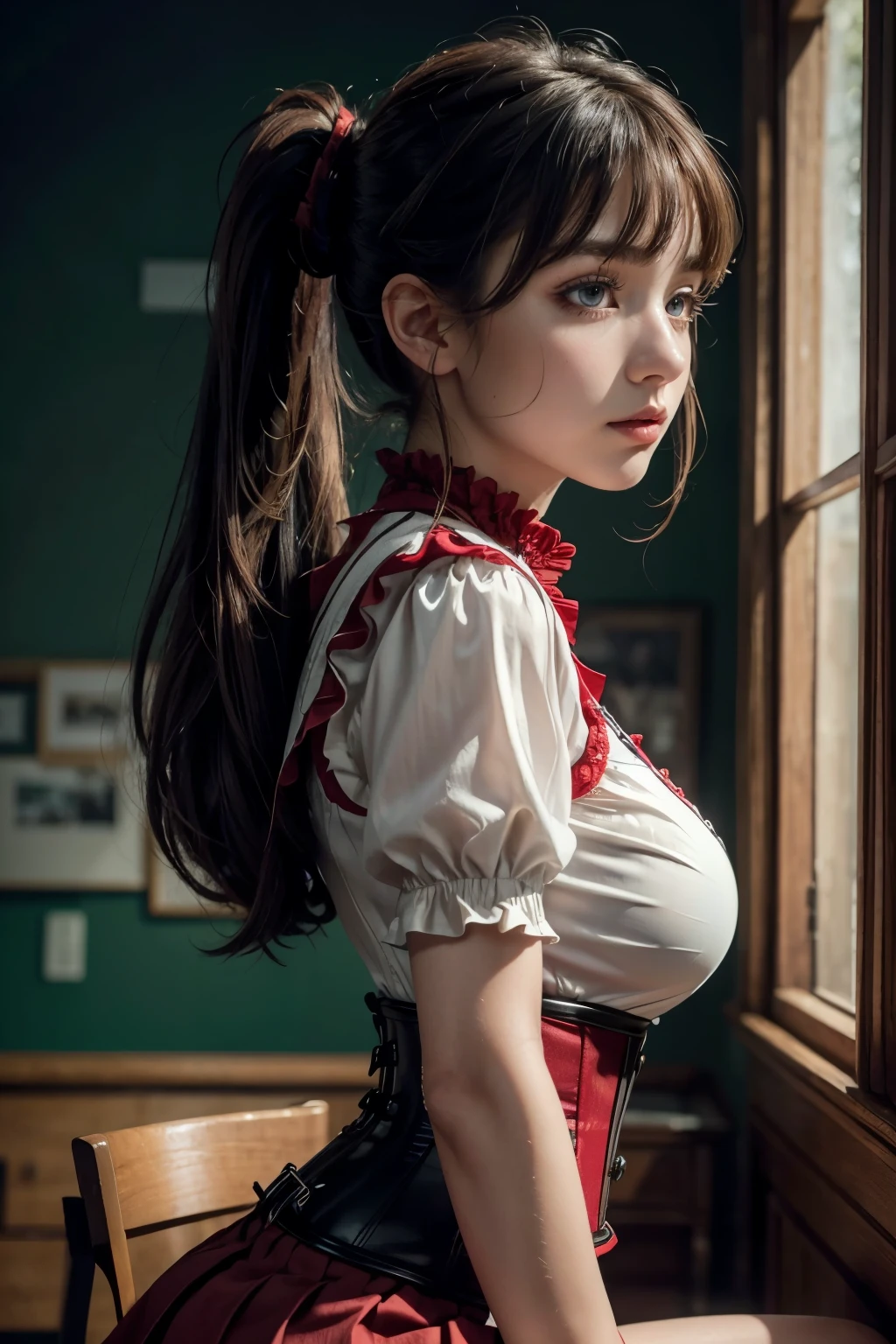 a very beautiful woman、A Japanese Lady、full body Esbian、sexy clown、((Circus Tent))、(Clown costume))、(((Detailed and colorful clown costume)))、(Colossal tits))、a miniskirt、((Delicate Photos)),(Girl Astepiece RAW photo details:1.25), (Best Quality:1.6), (超A high resolution:1.5), (Photorealistic:1.75), 8K resolution, Canon EOS R5, 50 millimeters, absurderes, ultra-detailliert,Cinematic lighting,(((Ribbon with bangs and fluffy big twin tails)))、(((Lots of bangles)))、((lots of ribbons))、skirt rift、Grabbing the skirt、((Lace white panties))、Red and white costume、lots of tape、((Teardrop Makeup))