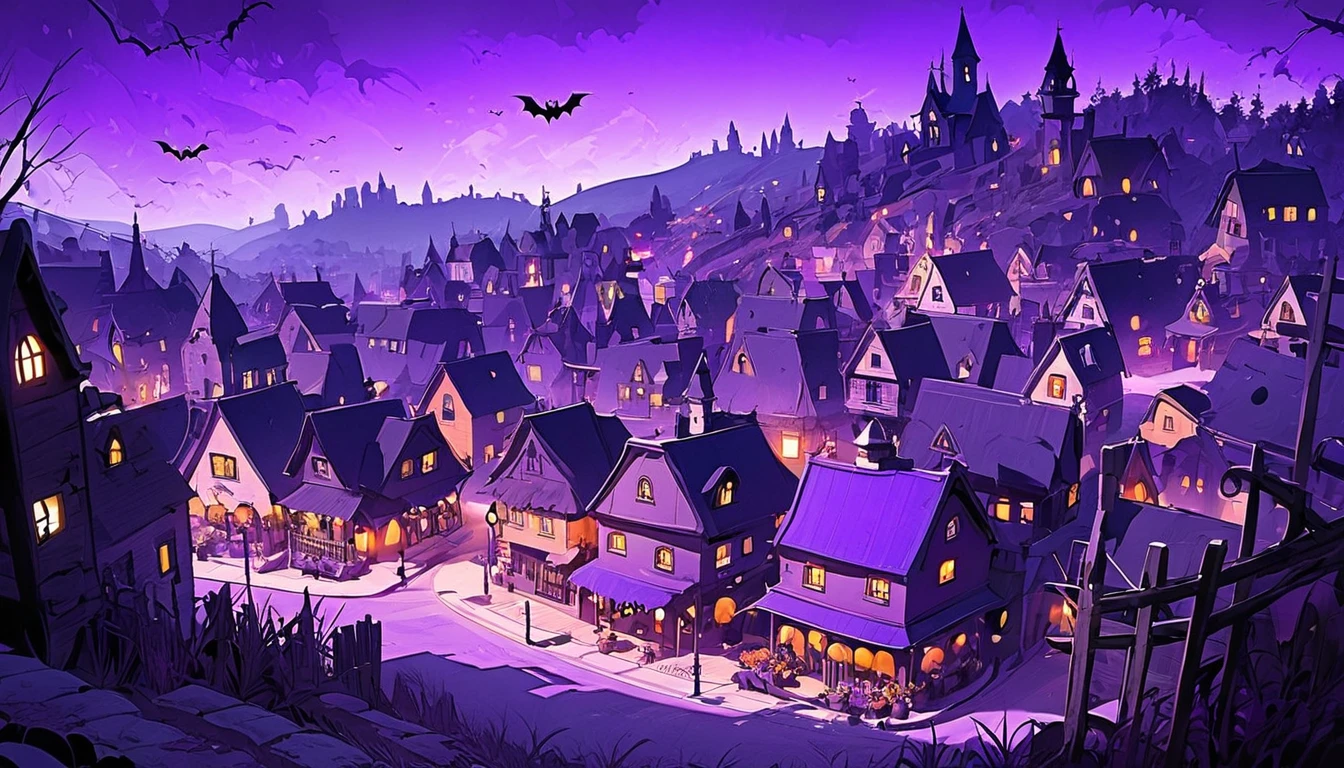 halloween witch town, purple tones, landscape