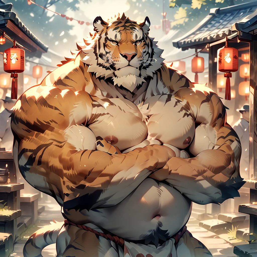 masterpiece, best quality, very aesthetic, absurdres, BREAK super fine illustration, detailed beautiful face and eyes, sharp focus, crisp quality, BREAK [face:full body:10], from above, summer festival, musclegut middle-aged tiger man, fluffy body, tail, [nude::15] BREAK small penis with beautiful thin and tight foreskin, hairy testicles, flaccid, thin foreskin, anus, brown eyes, beautiful beard, male face, big face, square jawline, male eyes, sharp eyes, big eyes, male eyebrows, innocent look, BREAK fundoshi, topless, crossing one's arms, dynamic pose, BREAK [simple background::12], starry sky, shrine, 