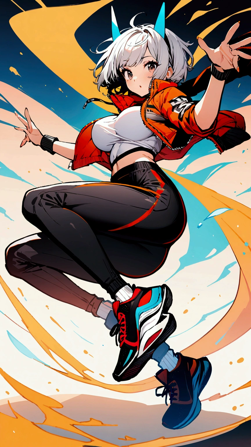 Drawing of cammy_white, cammy sf6, bang, scar on cheek (((Plain background:1.2))) (masterpiece, high quality:1.1) 1girl solo full body squatting looking to the viewer, view from below, hairstyle short bob hair with 2 longs braids, extra long hair, white silver hair, red eyes, HANDS ON HIPS (yellow tiger bikini print long sleeves and long stockings) (dark elf dark skin) (incredibly beautiful full body photo standing, (((bright eyes))) good anatomy, perfect hand muscular legs))) thin waist, muscular abdomen, wearing black high heel shoes (((with her back to me showing her big shapely ass to me)))