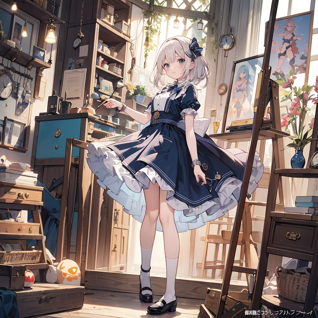 1girl,(((Best Quality、Masterpiece、Official Art、Dynamic composition、Super detailed、Perfect Anatomy)))、Anime Style、Absurd、Large pocket watch in the background、Alice in Wonderland、Alice&#39;s Apron-Style Dress、Long boots、Big ribbon on head、Rabbit in a tuxedo、Fantasy World、Black and magenta palette、