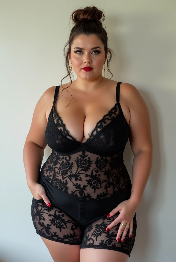 Scarlett Johansson stands tall in a black bra and thong, pose with the butt thrown back, standing on heels in a black bra and thong.hairstyle curly stacked red hair black widow, red hair color, big breasts kate upton, bright makeup eyelashes, plump lips smile, mascara on eyes. In a black shiny bra