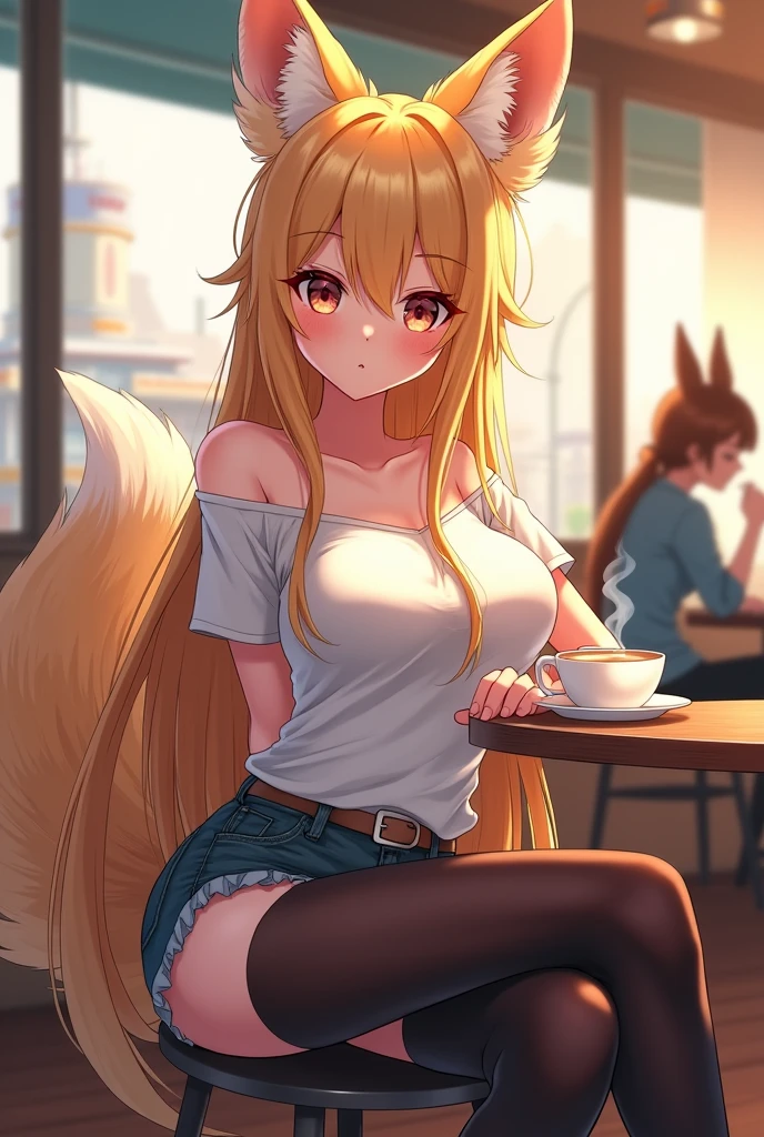 best quality,best resolution,(fluffy anthro furry :1.6),fox girl,red long hair,wavy hair,naked,red necktie,round glasses,exhibitionism,mini white apron with ruffles,open breasts,pussy juice,beautiful cafe,coffee stand,exciting face,open mouth,drool,heavy breath,full face blush,among the crowd