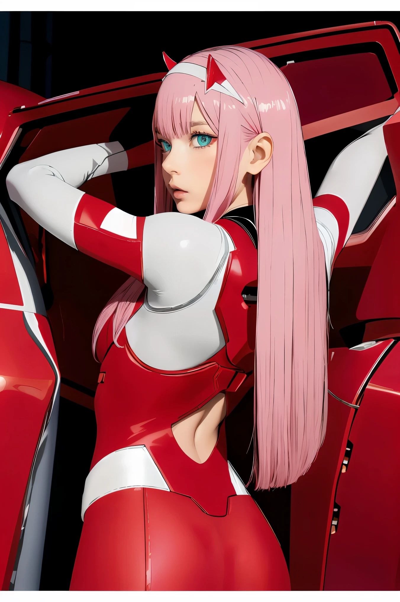 ((best quality)),((highly detailed)),masterpiece,absurdres,detailed face,beautiful face,((detailed eyes, deep eyes)),(1girl),((dynamic pose)),   Zero_Two, green eyes, 1girl, solo, red bodysuit, long hair, pilot suit, pink hair, bodysuit, straight hair, hairband, standing, horns, breasts, bangs, closed mouth, looking at viewer, medium breasts, white hairband, skin tight, blunt bangs, makeup, eyeshadow, very long hair, sidelocks, expressionless, hair between eyes, red horns, shiny hair, from behind