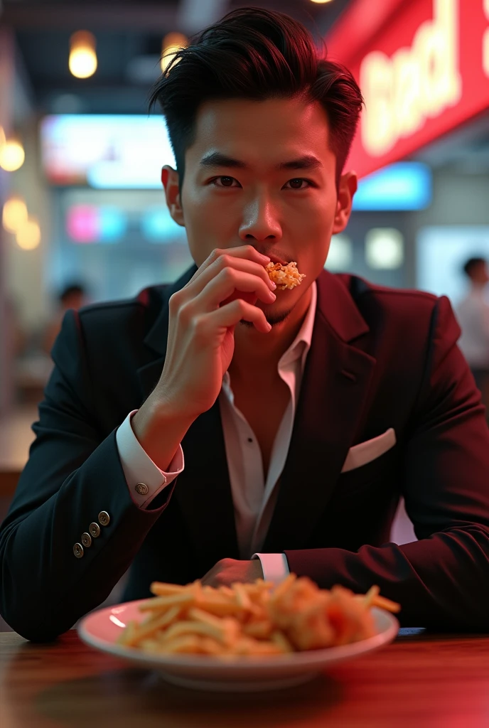 An extreme close-up of an photo of a man, in the middle of a chinese restaurant full of tables, customers and waiters. The chinese restaurant is in Hong Kong and the year is 1966  people, animals --auto --s2